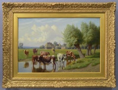 Peinture à l'huile du 19e siècle représentant du bétail près d'un ruisseau du Kent
