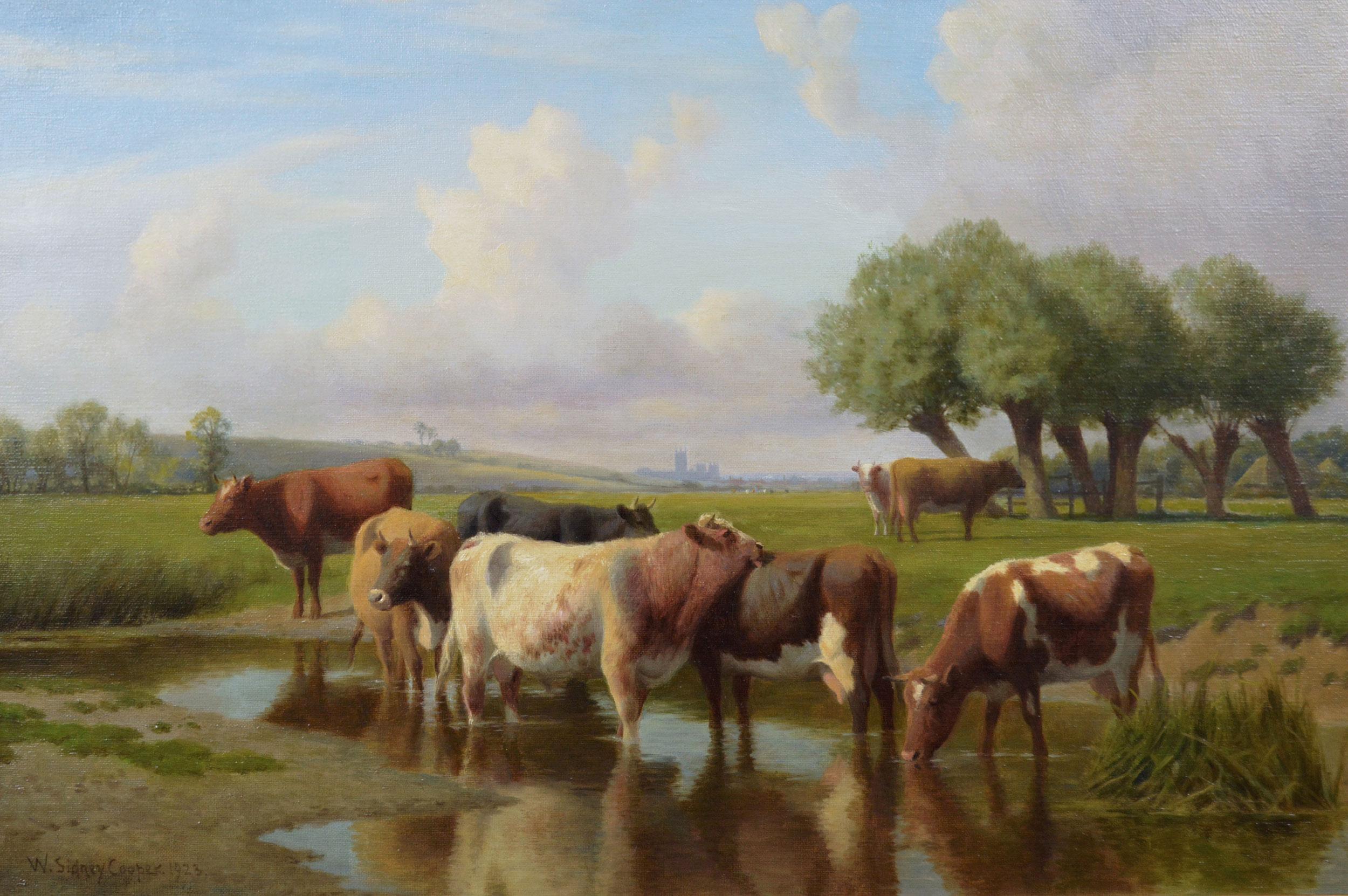 19th Century landscape oil painting of cattle near Canterbury Cathedral - Painting by William Sidney Cooper