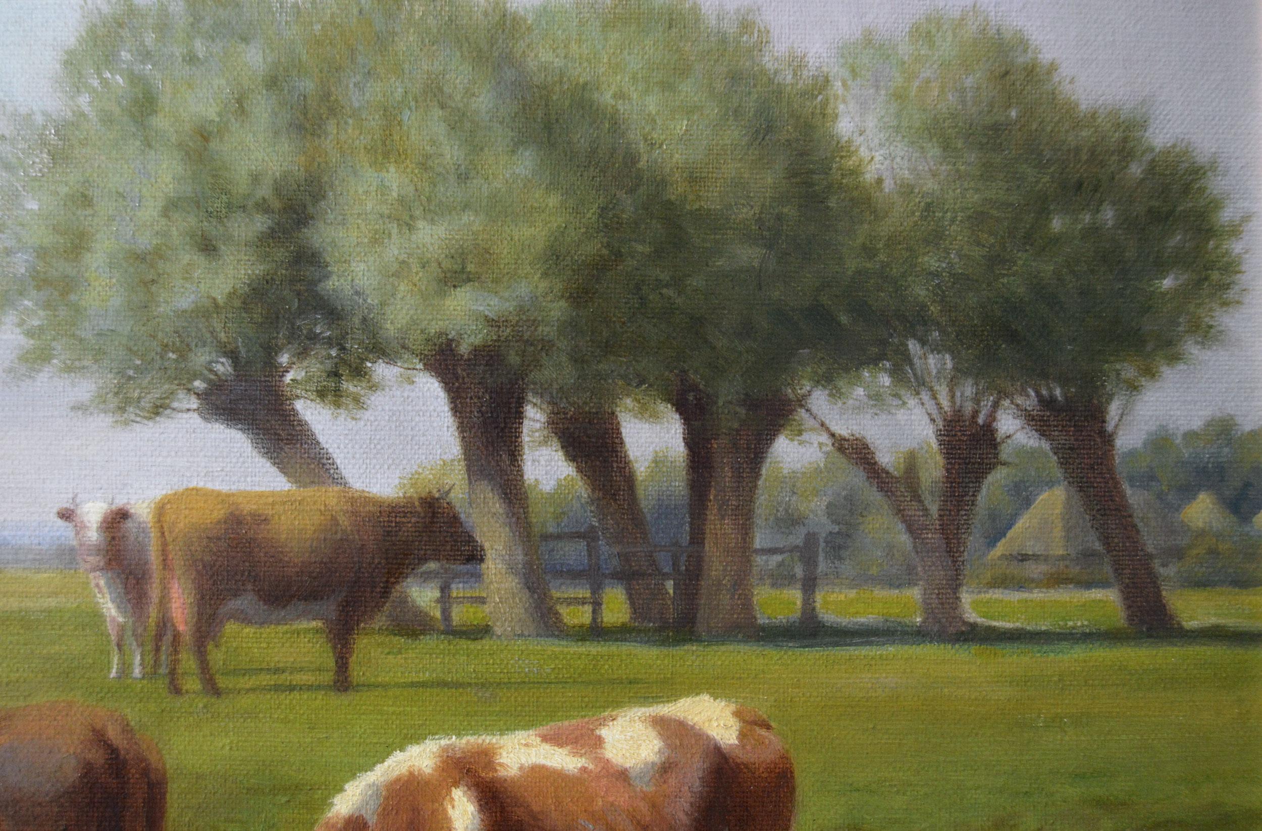 19th Century landscape oil painting of cattle near Canterbury Cathedral - Victorian Painting by William Sidney Cooper