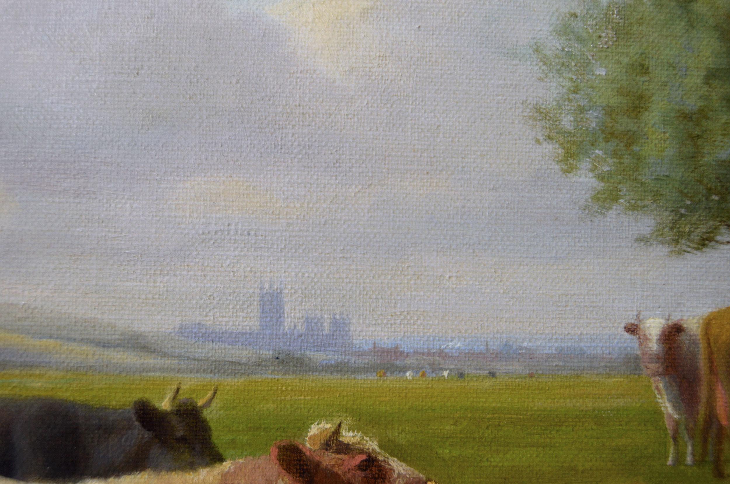 19th Century landscape oil painting of cattle near Canterbury Cathedral - Brown Landscape Painting by William Sidney Cooper