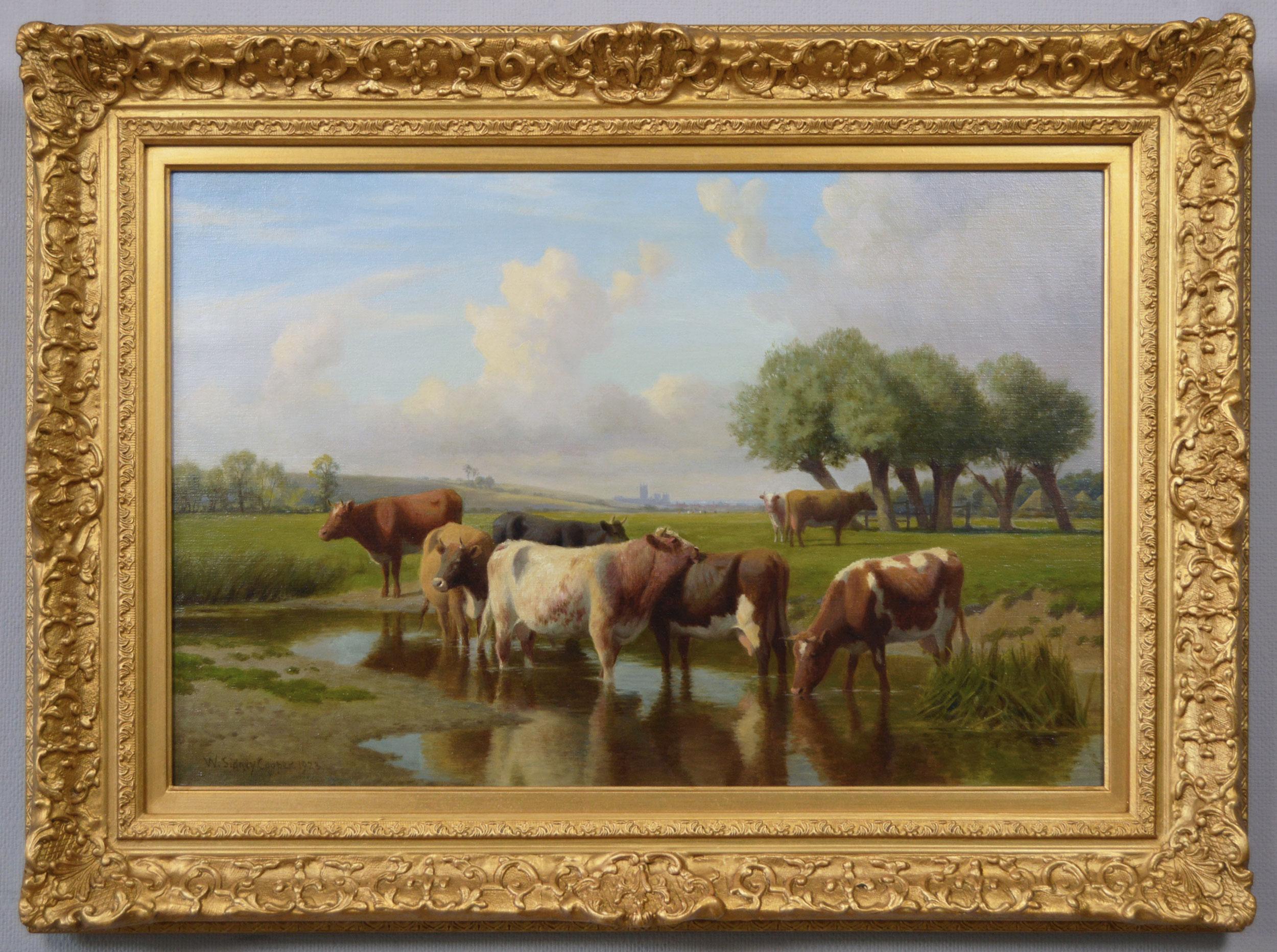 William Sidney Cooper Landscape Painting - 19th Century landscape oil painting of cattle near Canterbury Cathedral
