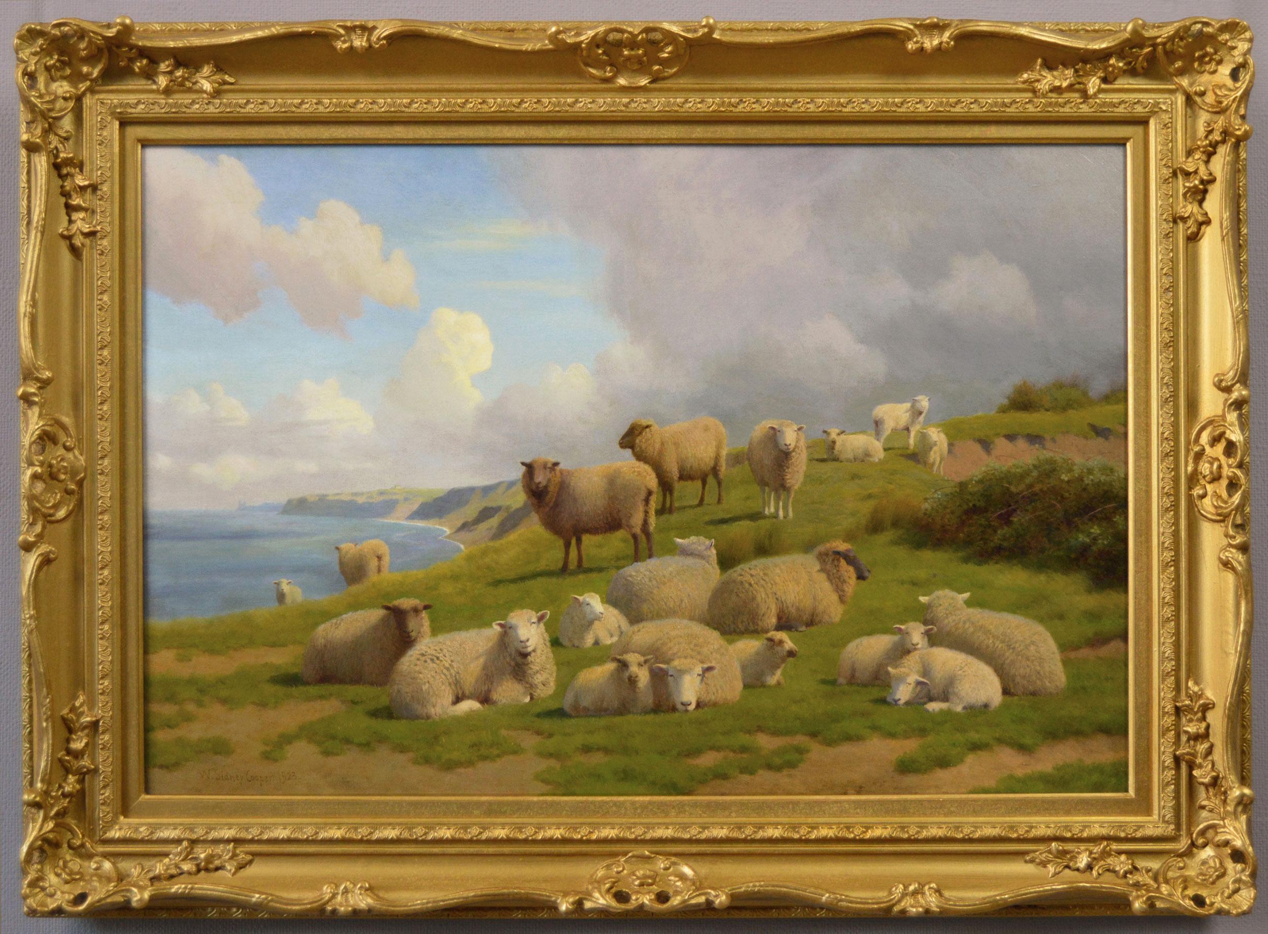 Animal Painting William Sidney Cooper - Peinture à l'huile du 19e siècle représentant des moutons sur une falaise près de la baie de Herne, Kent