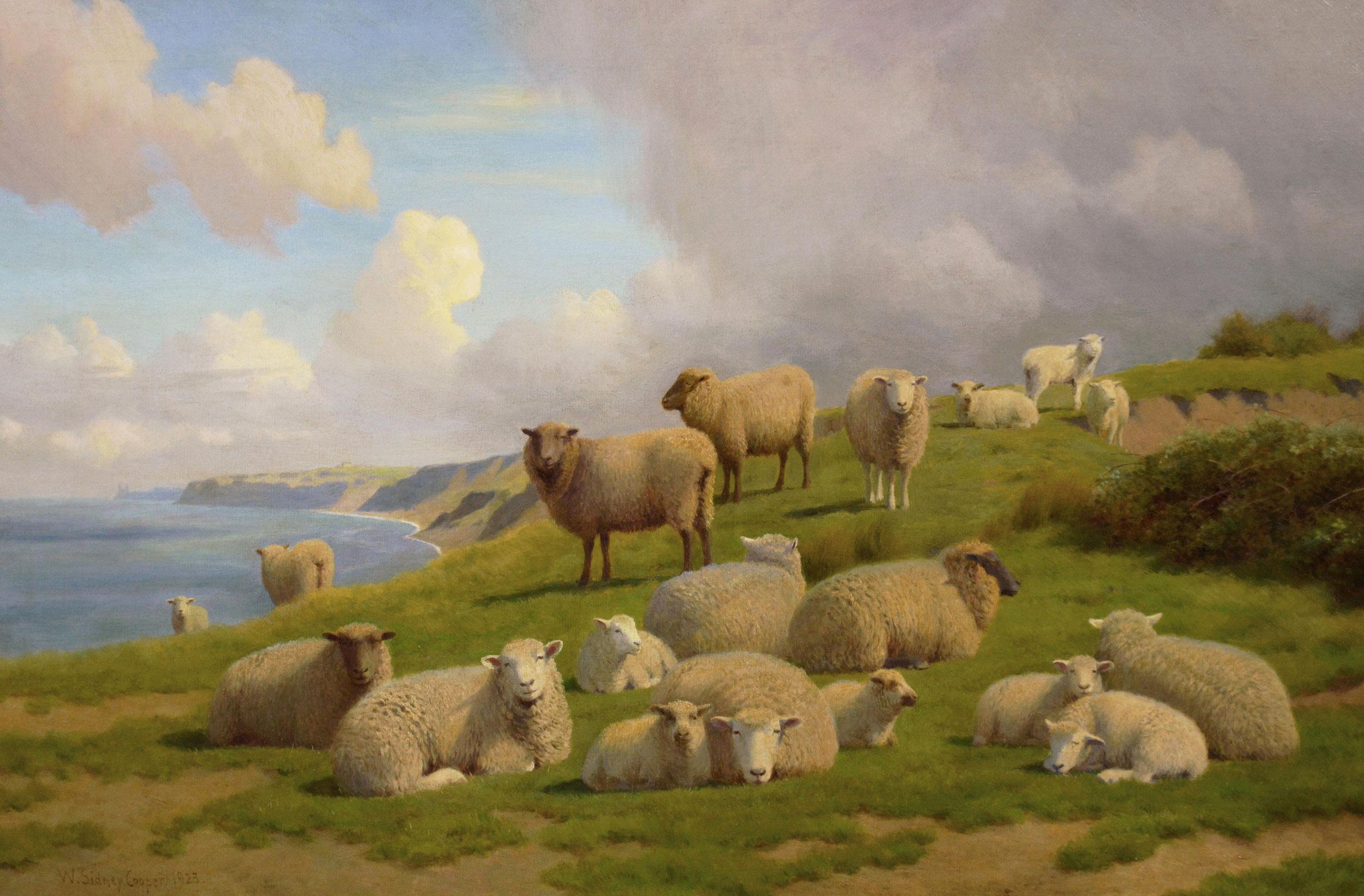 Peinture à l'huile du 19e siècle représentant des moutons sur une falaise près de la baie de Herne, Kent - Painting de William Sidney Cooper