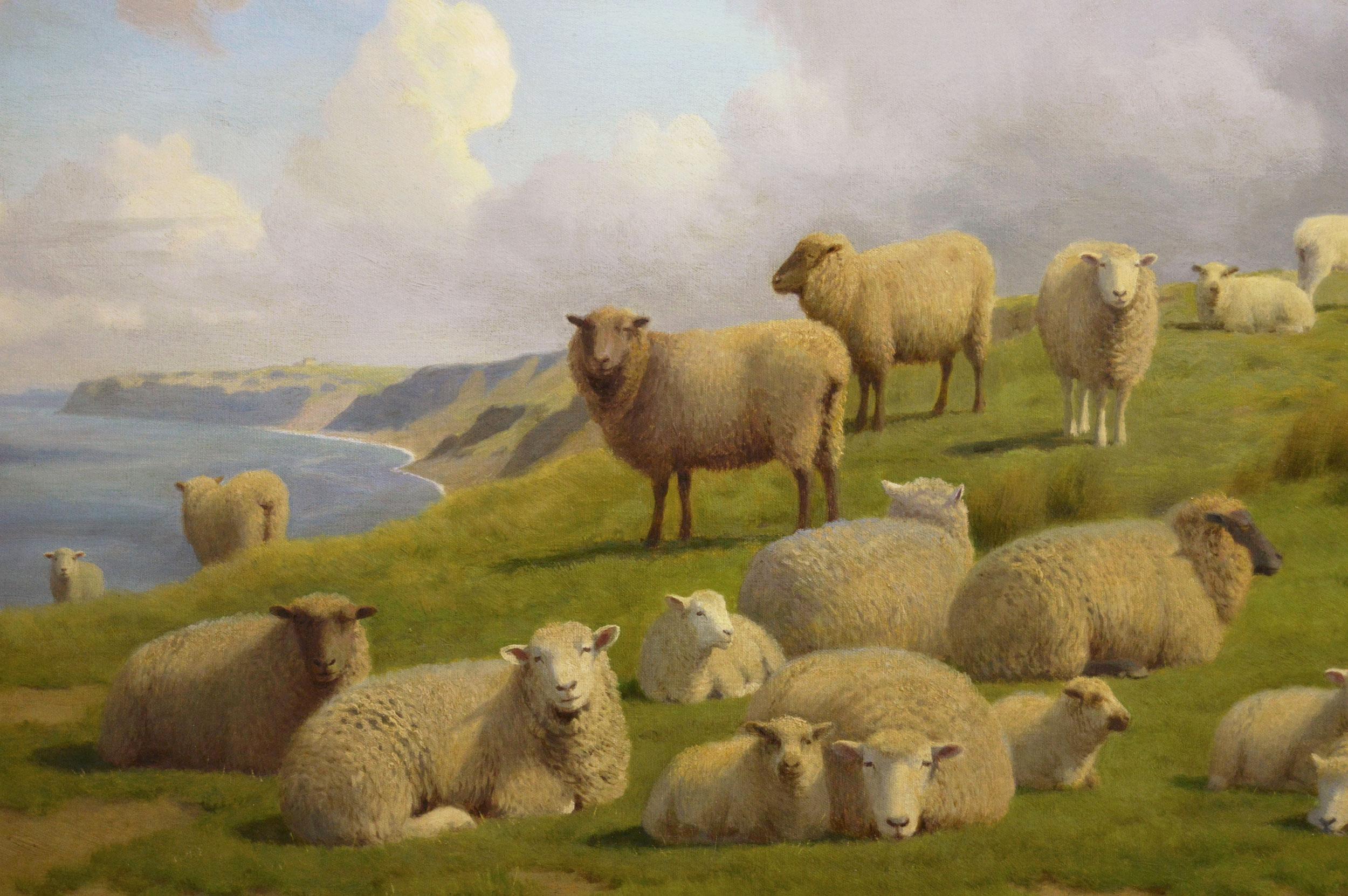 Peinture à l'huile du 19e siècle représentant des moutons sur une falaise près de la baie de Herne, Kent - Victorien Painting par William Sidney Cooper