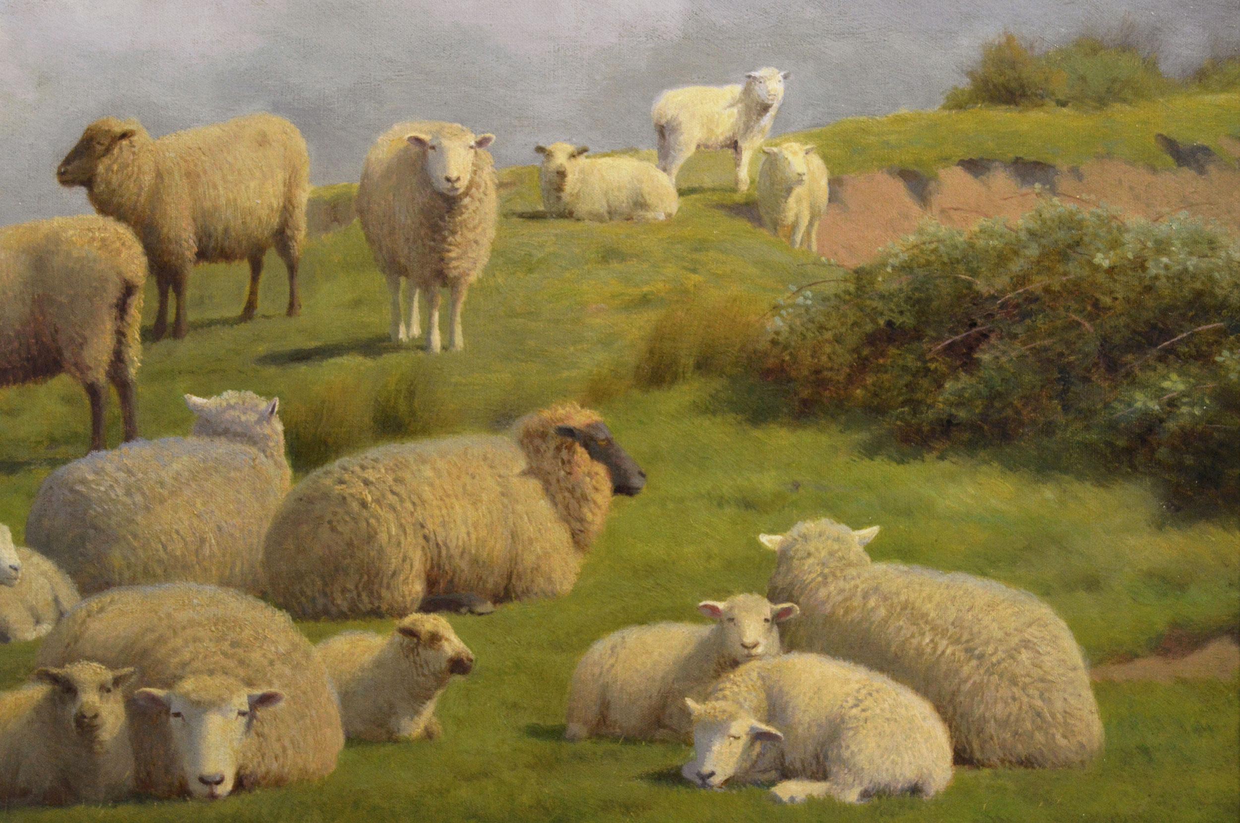 Peinture à l'huile du 19e siècle représentant des moutons sur une falaise près de la baie de Herne, Kent - Marron Animal Painting par William Sidney Cooper