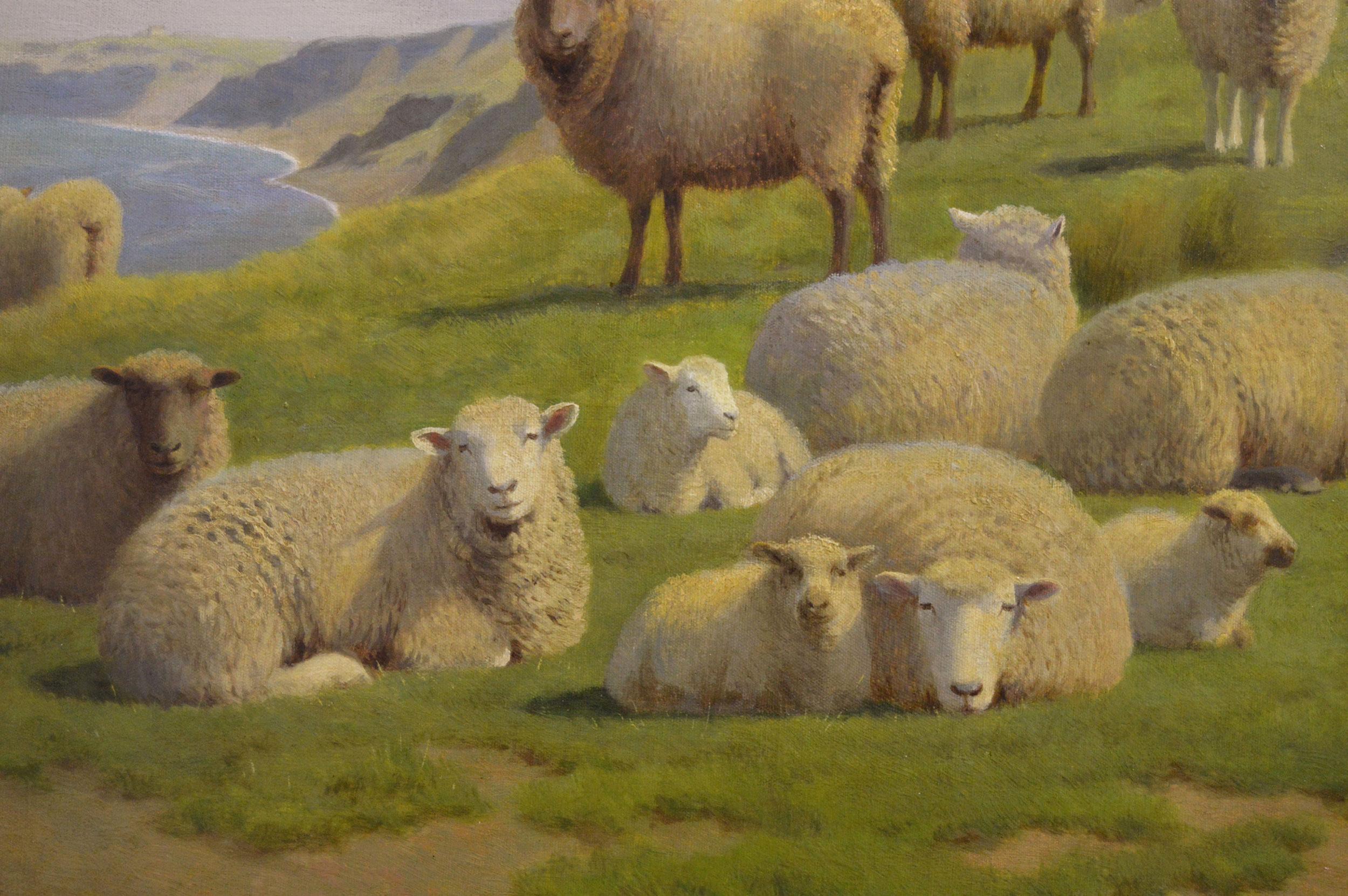 Peinture à l'huile du 19e siècle représentant des moutons sur une falaise près de la baie de Herne, Kent en vente 1