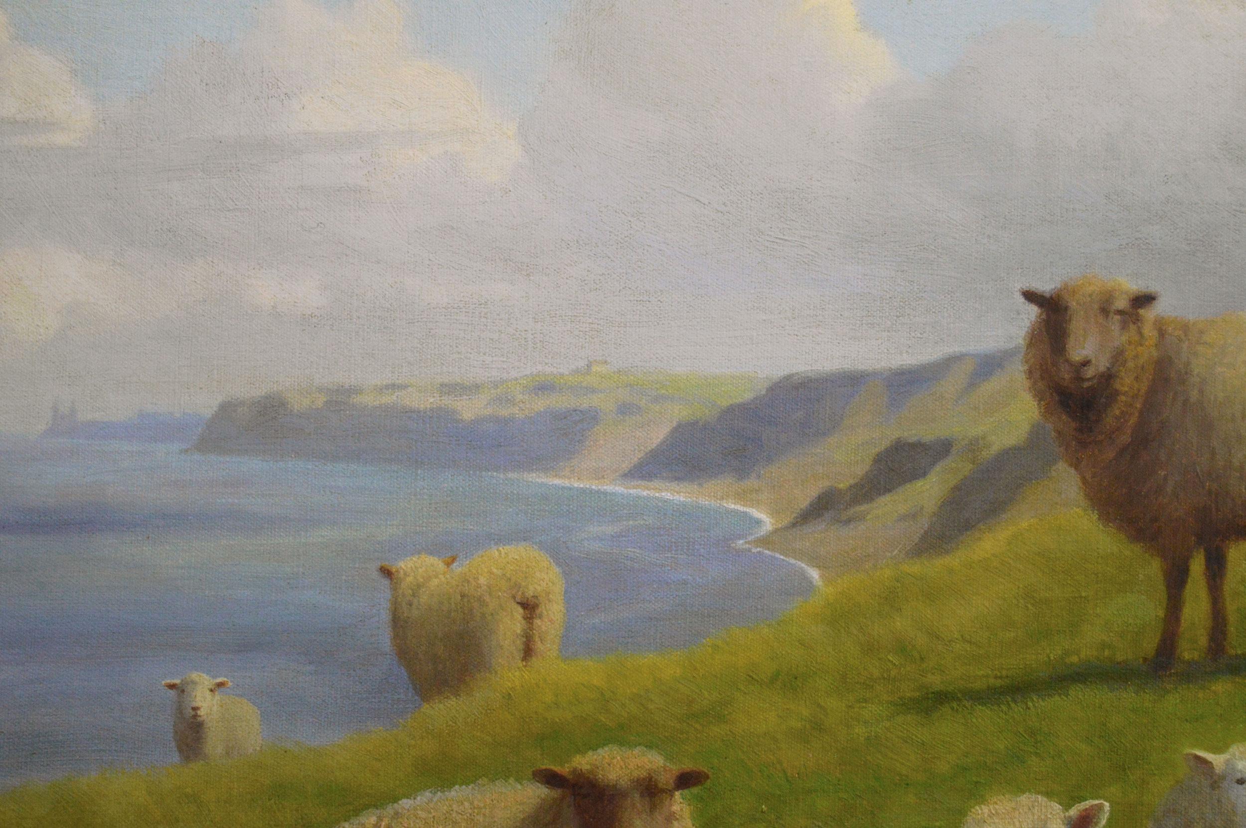 Peinture à l'huile du 19e siècle représentant des moutons sur une falaise près de la baie de Herne, Kent en vente 2