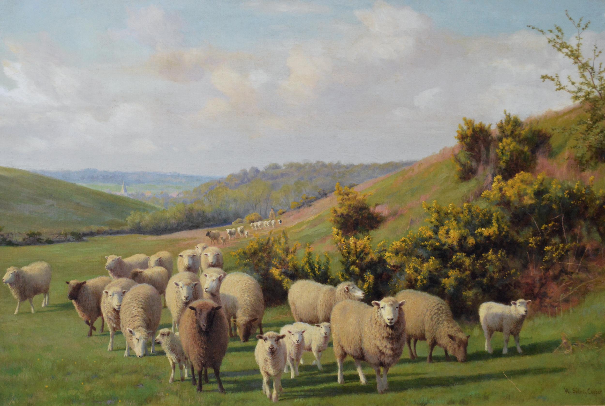 Landscape oil painting of sheep in a Kent meadow - Painting by William Sidney Cooper