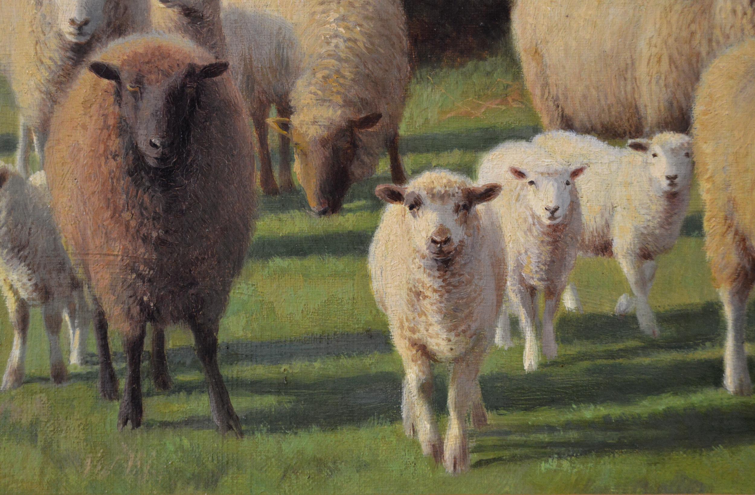 Landscape oil painting of sheep in a Kent meadow - Victorian Painting by William Sidney Cooper