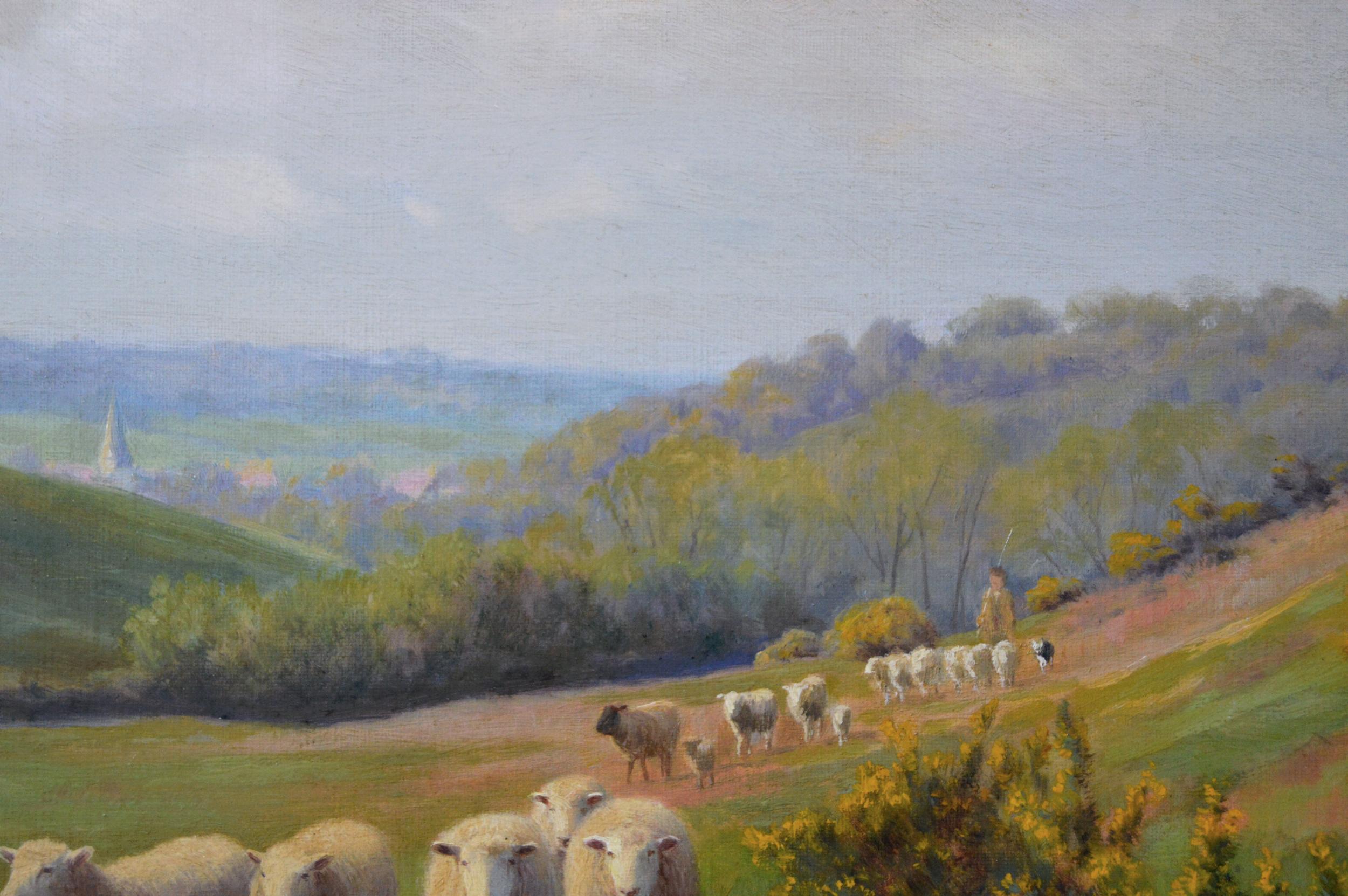 Landscape oil painting of sheep in a Kent meadow - Brown Animal Painting by William Sidney Cooper