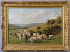 Antique Landscape oil painting of sheep in a Kent meadow
