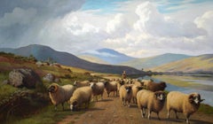 Sheep by Loch - British Victorian art Scottish landscape oil painting