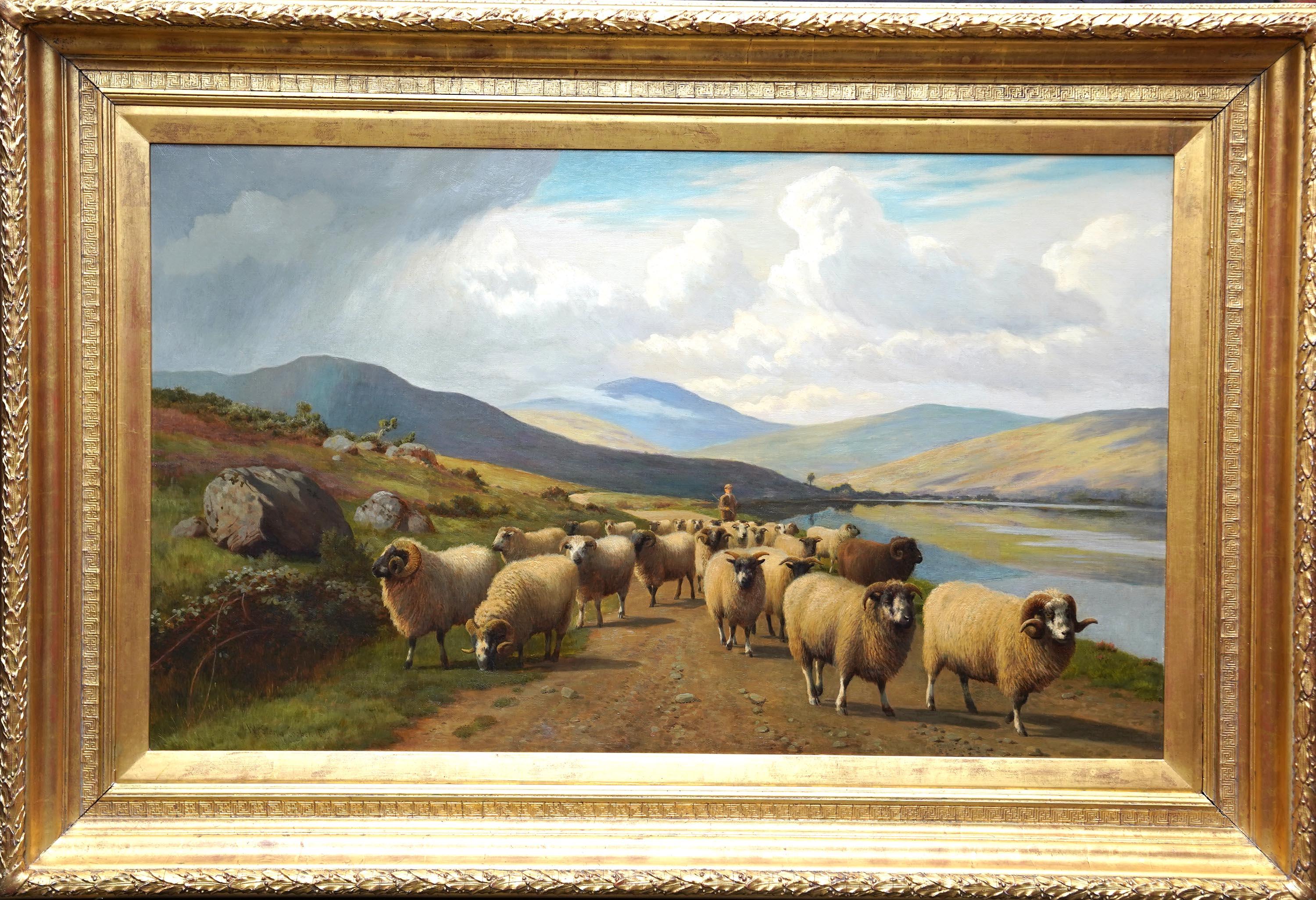 Sheep by Loch - British Victorian art Scottish landscape oil painting