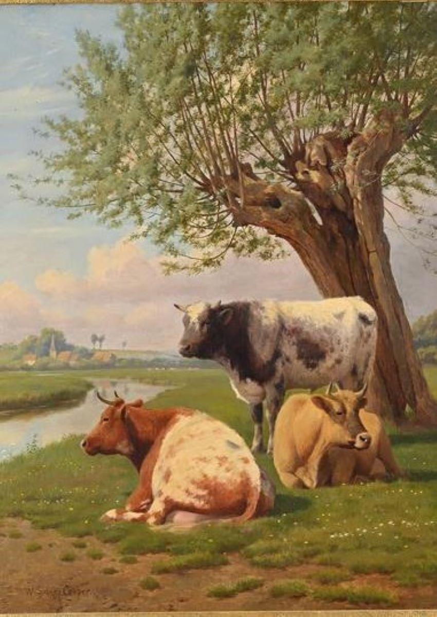William sidney cooper, Cows by a river 19th century landscape oil - Painting by William Sidney Cooper