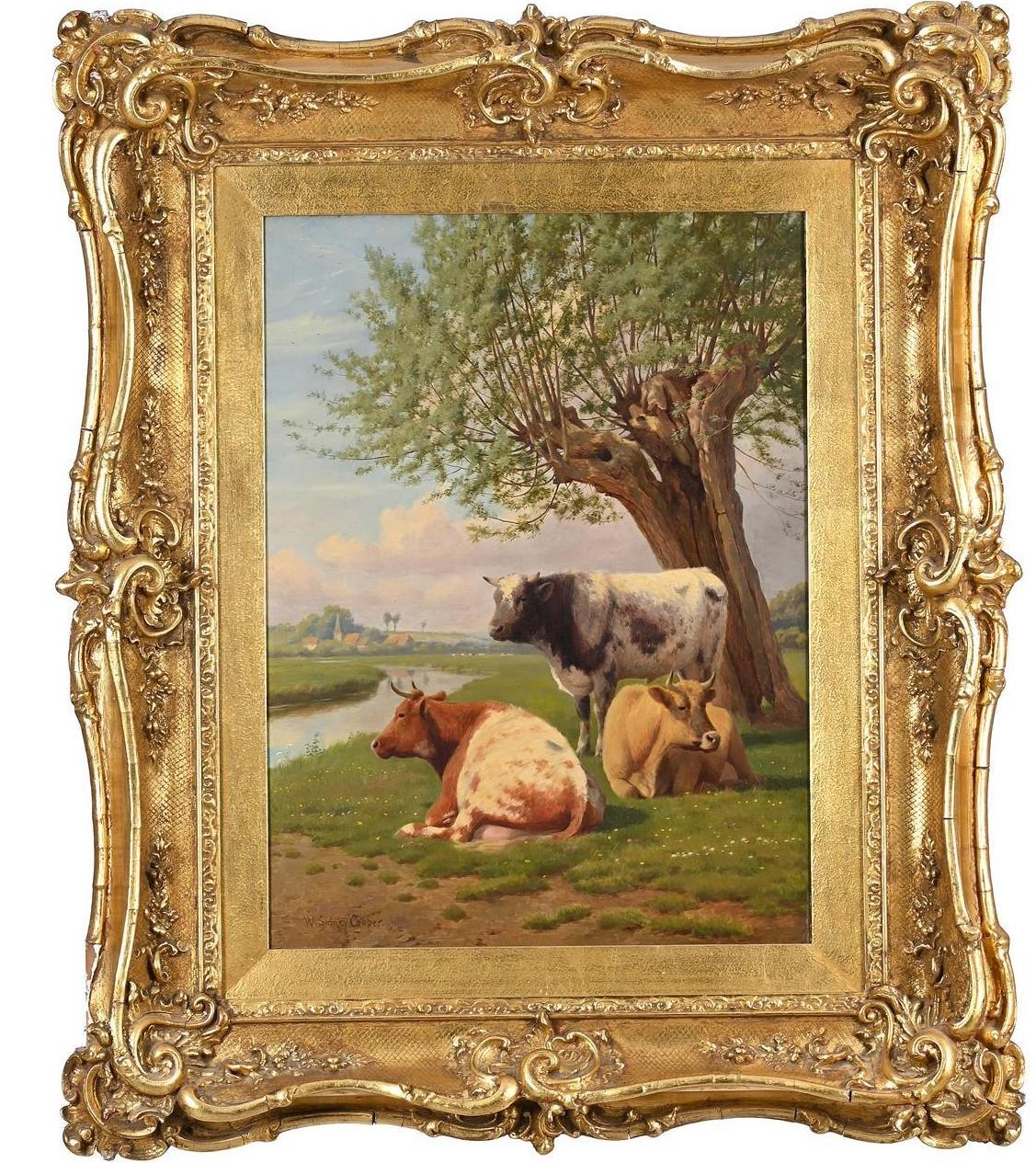 William sidney cooper, Cows by a river 19th century landscape oil - Brown Landscape Painting by William Sidney Cooper