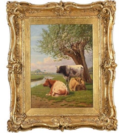 William Sidney Cooper, Vacas junto a un río Paisaje al óleo del siglo XIX