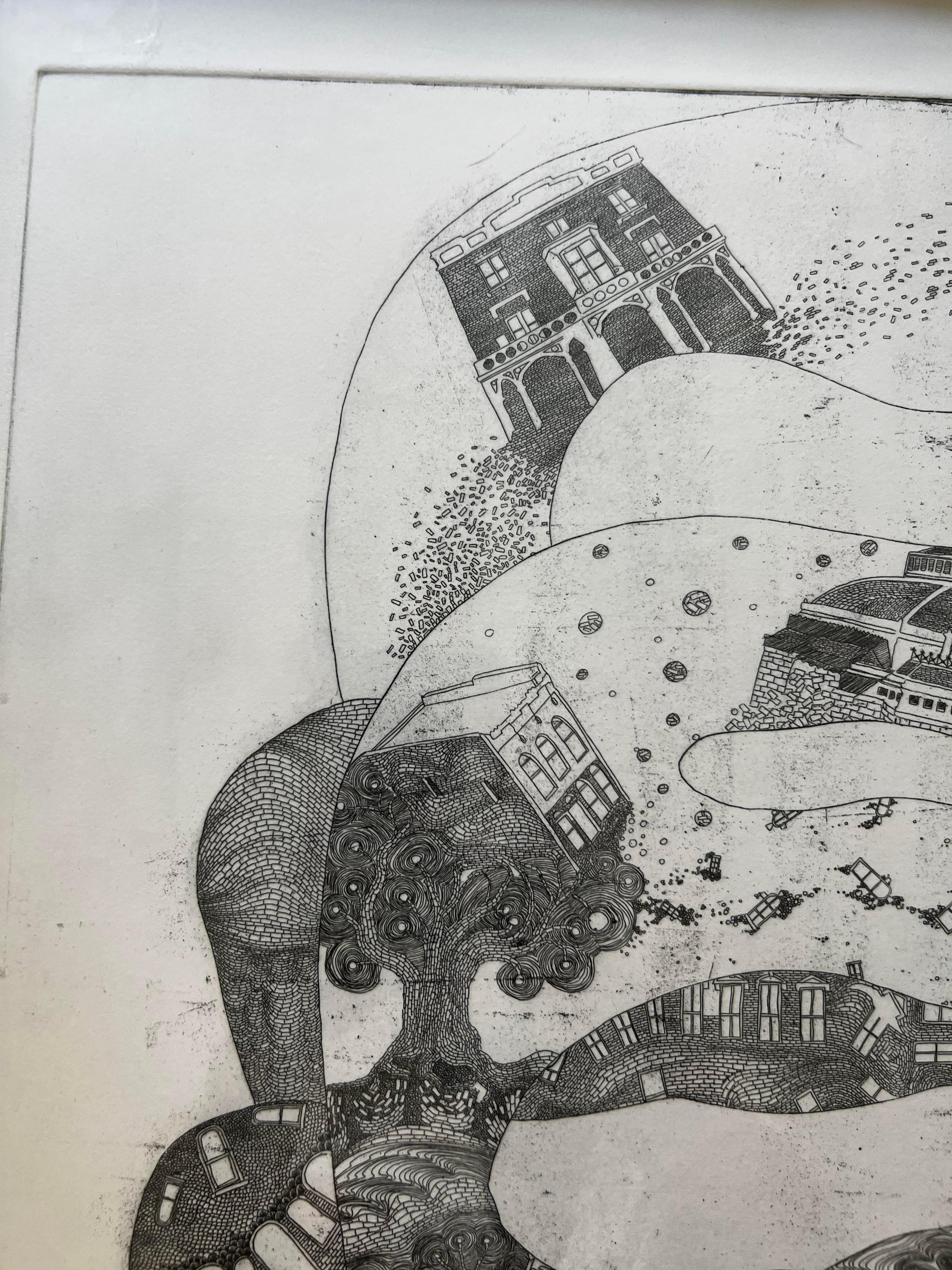 This black and white lithograph is in a surrealistic style. The textured earth is fissuring at the bottom of the piece and is releasing what simulates a dream. Pieces of buildings, windows and other architecture make up the body of the dream,