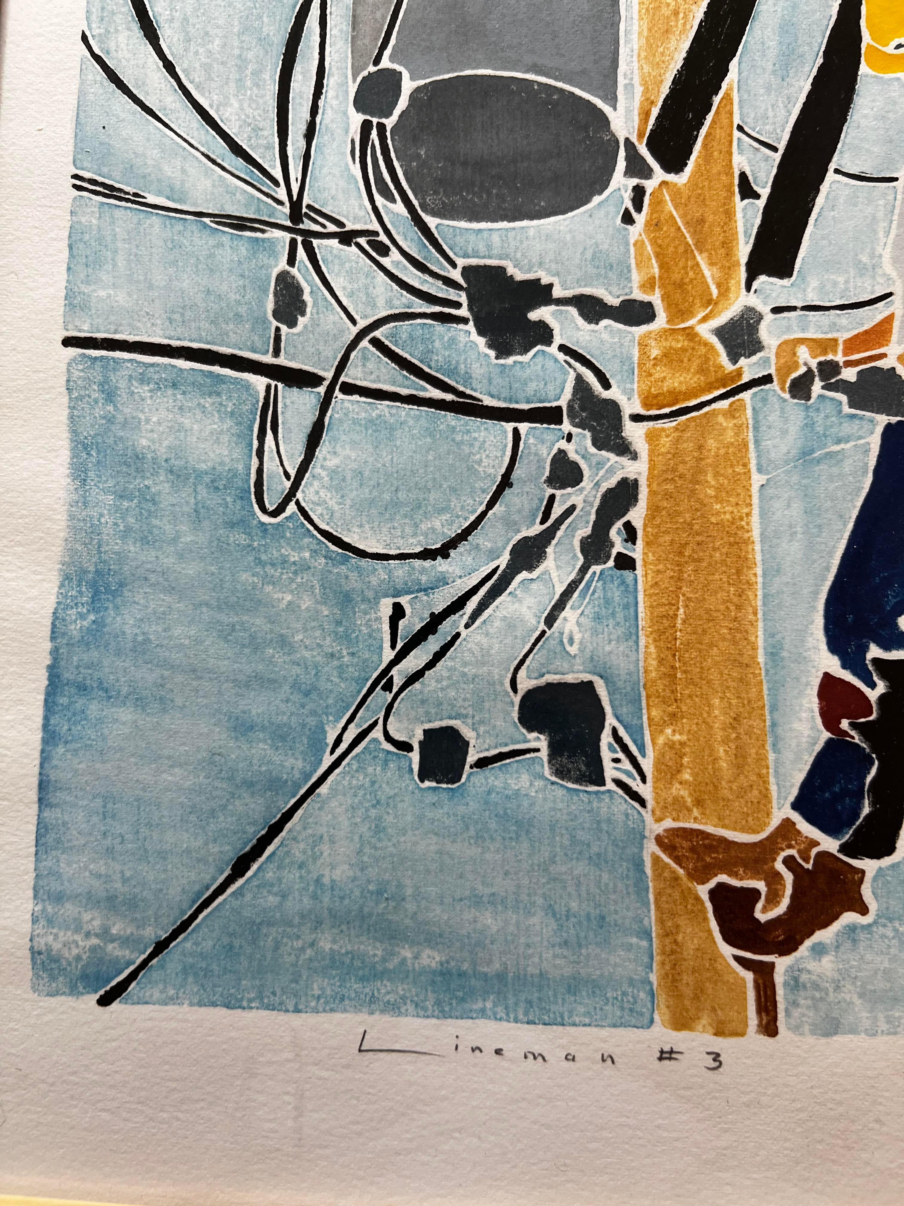 This color woodblock print is of a person working on a power line. These prints involve careful separation of colors to create the forms and in this print particularly are extremely detailed. The yellow-orange highlights paired with the blue-gray