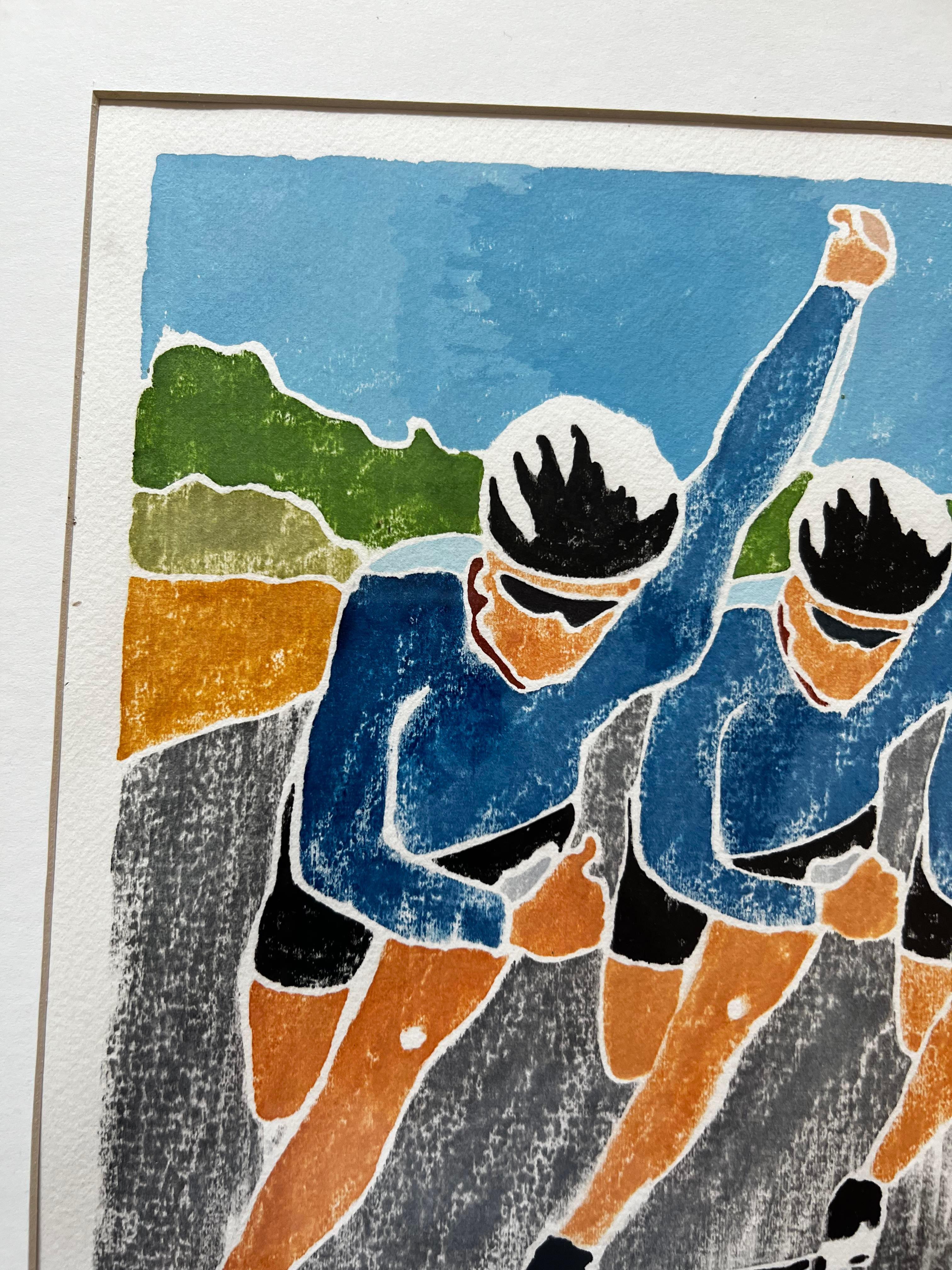 This color woodblock print is of three skaters skating down a road. The skaters are skating in the exact same position, but are in different locations on the pictorial space, simulating movement across the piece. Athleticism is a theme often