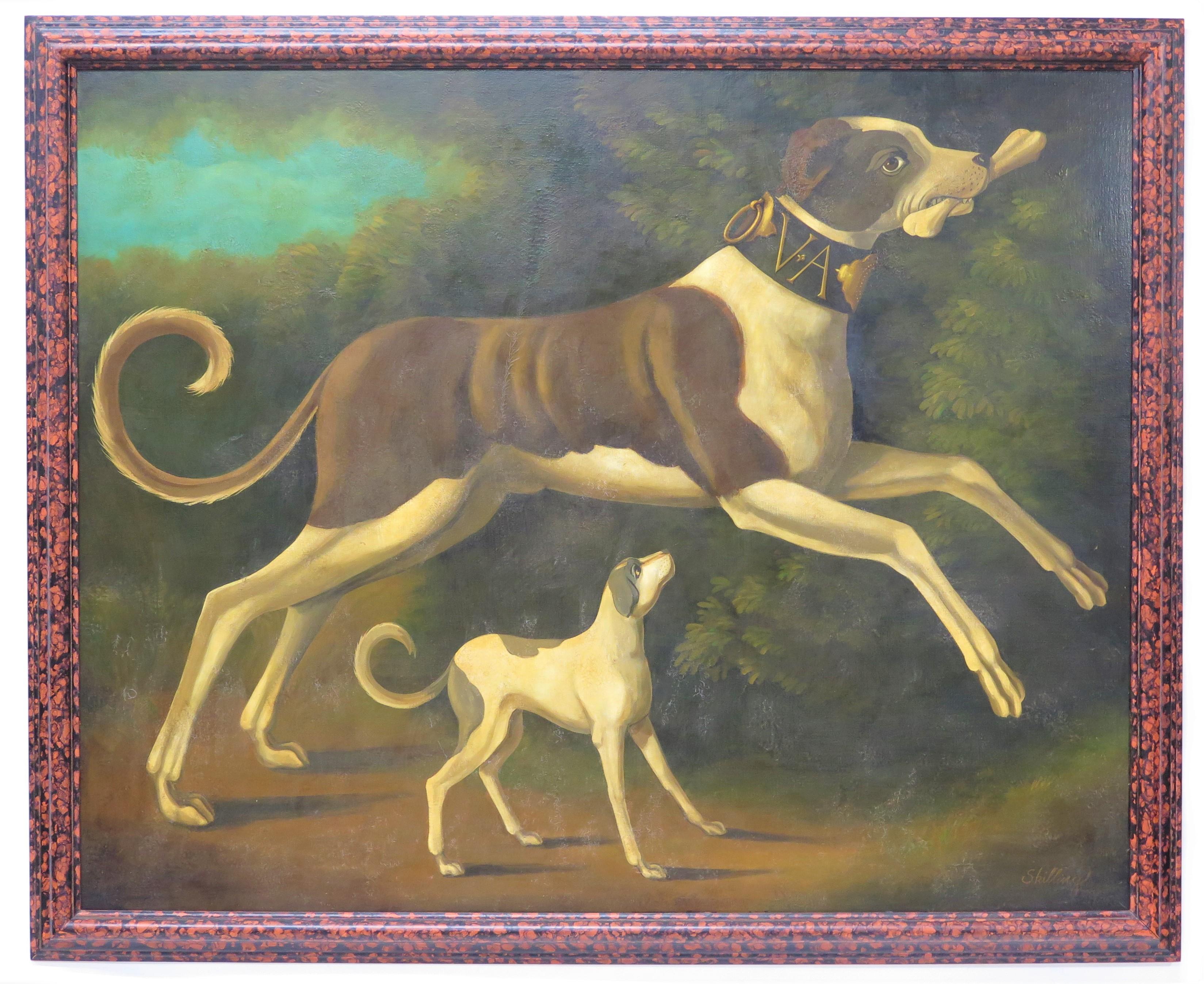 oil painting on canvas of two playful dogs in mid frolic and executed in a tongue in cheek Victorian parlor painting style with contrived aging, distressed finish, and a faux tortoise frame, signed Skilling in the lower right.