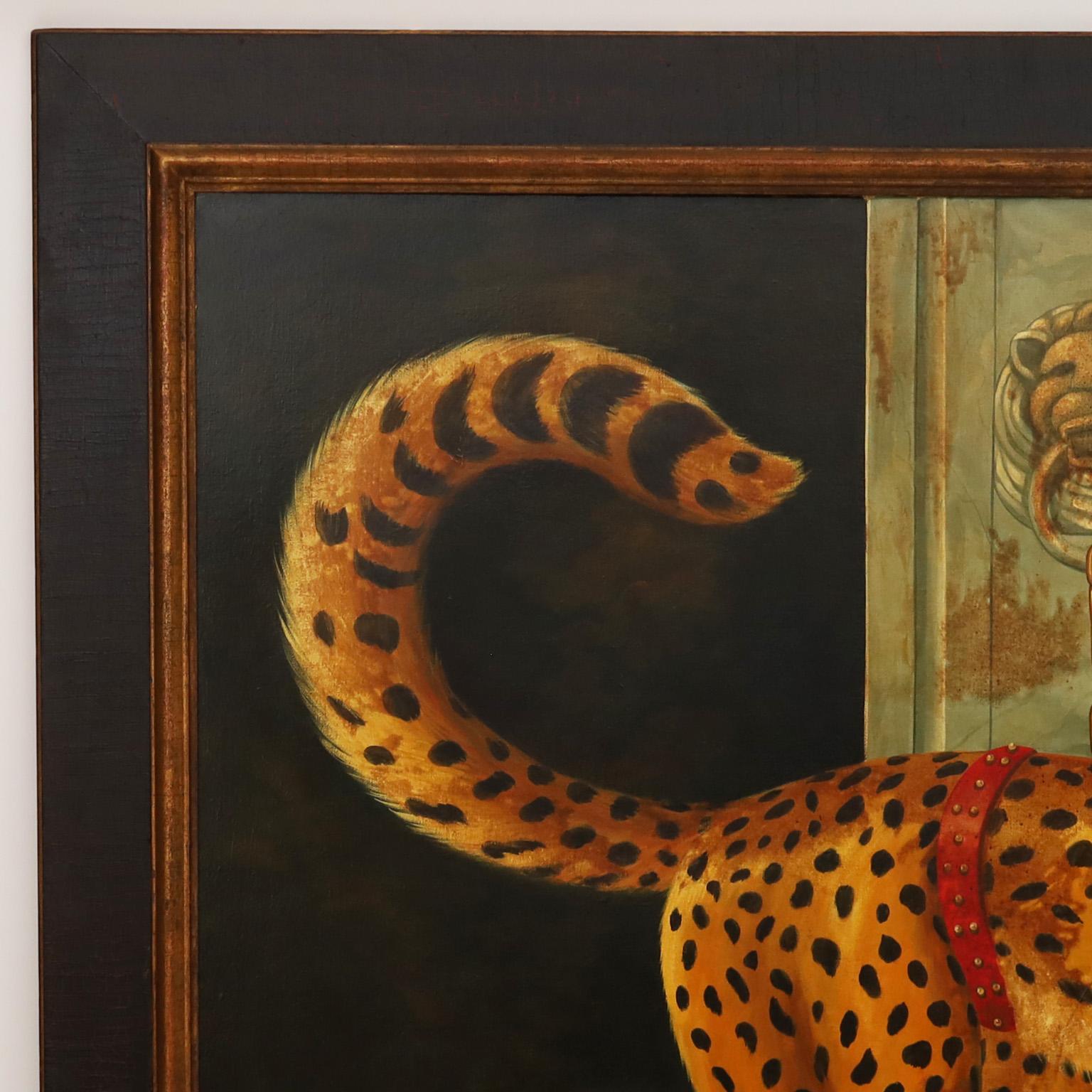 Bold vintage oil painting on canvas of a pet cheetah in a classical setting executed in a tongue in cheek Victorian parlor painting style with contrived aging. Signed Skilling in the lower right and presented in the original wood frame.
