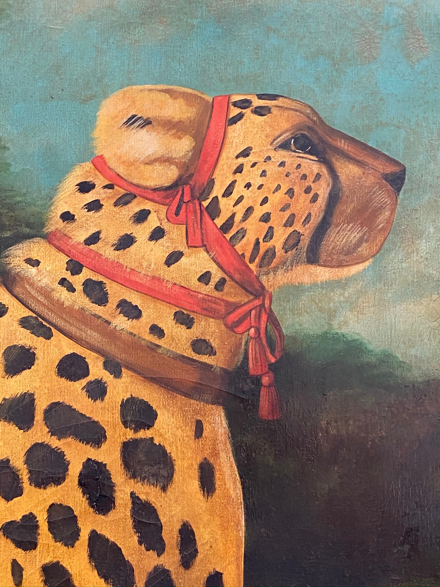Oil painting on canvas of a chained leopard. Folk Art painting in the Victorian parlor style intentional aging and distressing. Signed William Skilling in the lower right.