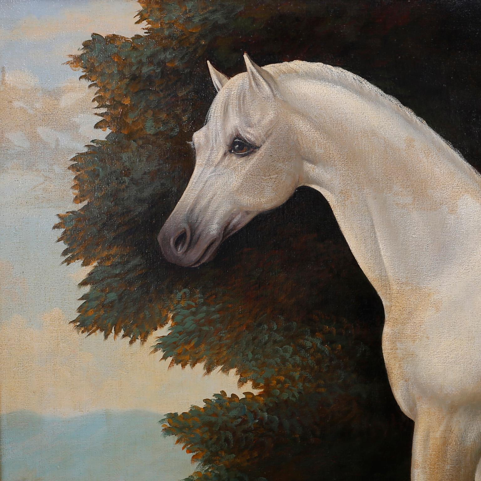 Oil painting on canvas of a show horse set free in a woodland scene, confidently executed in a tongue-in-cheek Victorian parlor painting style with contrived aging and distressed finish. Signed William Skilling in the lower right.