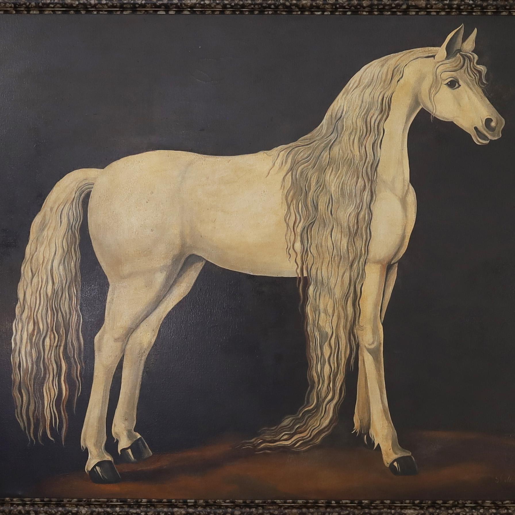 Standout vintage oil painting on canvas of a white horse with a dramatic mane and tail against a stark dark background, executed in a tongue and cheek Victorian parlor style. Signed Skilling in the lower right and presented in a stylized faux