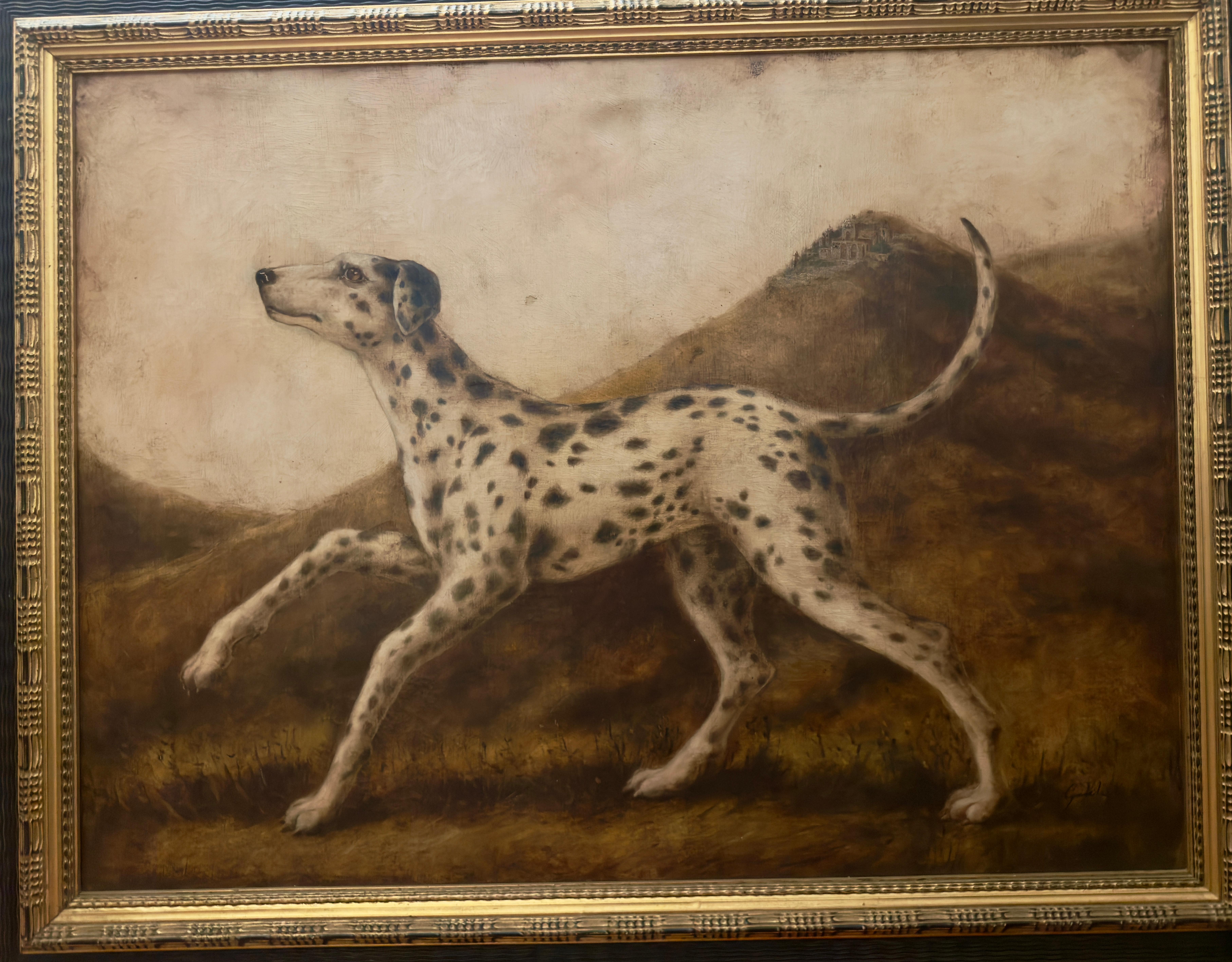 Das ist Dalmation mit Haltung! Dieser schrullige und lustige Dalmation ist in voller Bewegung: Beine hoch, Schwanz hoch und Kopf nach vorne. Allein der Hund ist fast einen Meter lang und trottet vor sepiafarbenen Hügeln auf einer Leinwand, die mit