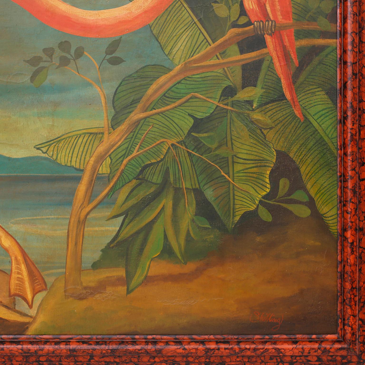 Oil painting on canvas of a flamingo and a parrot in a tropical setting executed in a distinctive Victorian parlor painting style with contrived aging. Signed Skilling in the lower right and presented in a faux tortoise wood frame.
