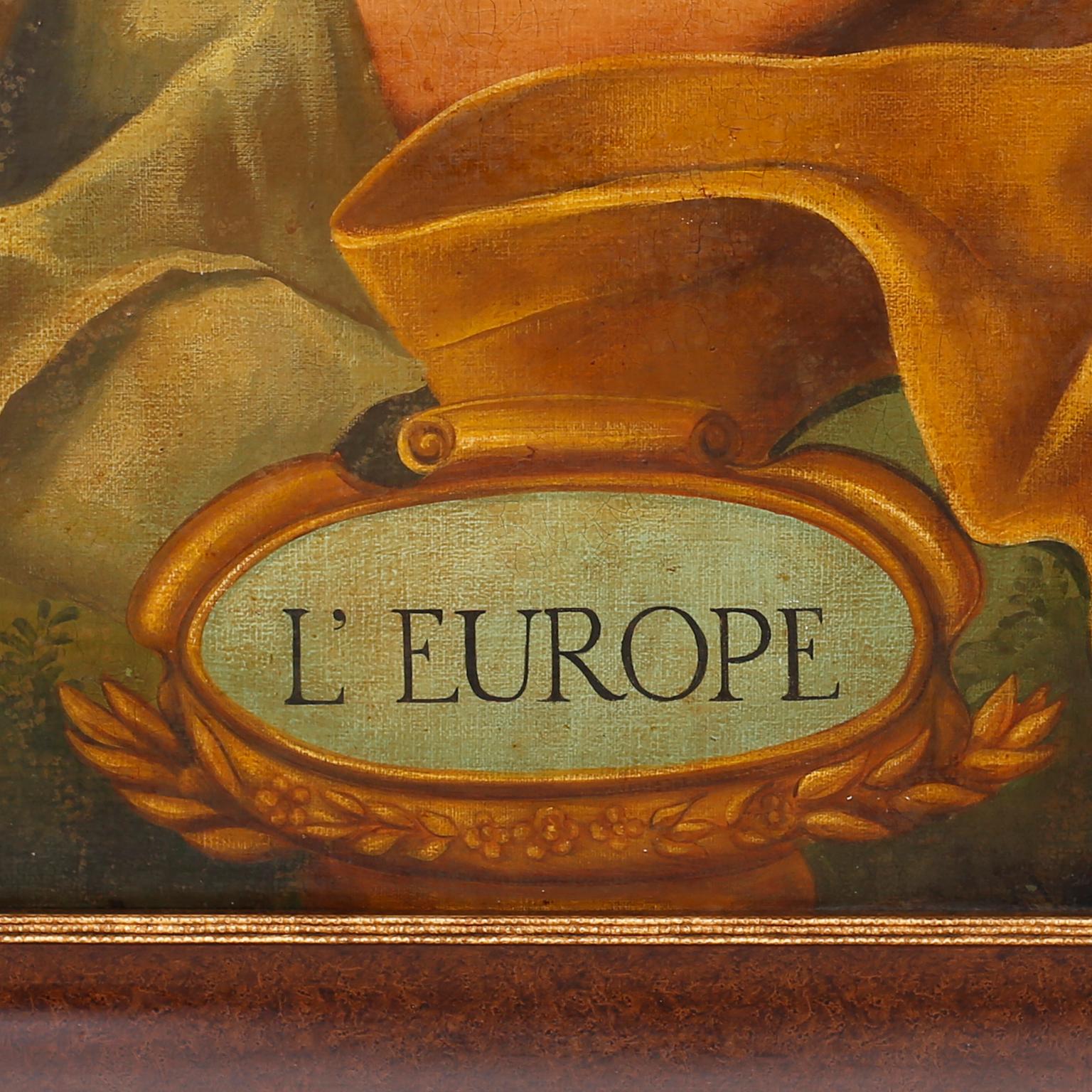 Oil painting on board of a reclining nude woman in a classical setting with a lyre, titled L'EUROPE and executed in a distinctive Victorian parlor painting style with contrived aging, and presented in a contemporary burled wood and gilt frame. 