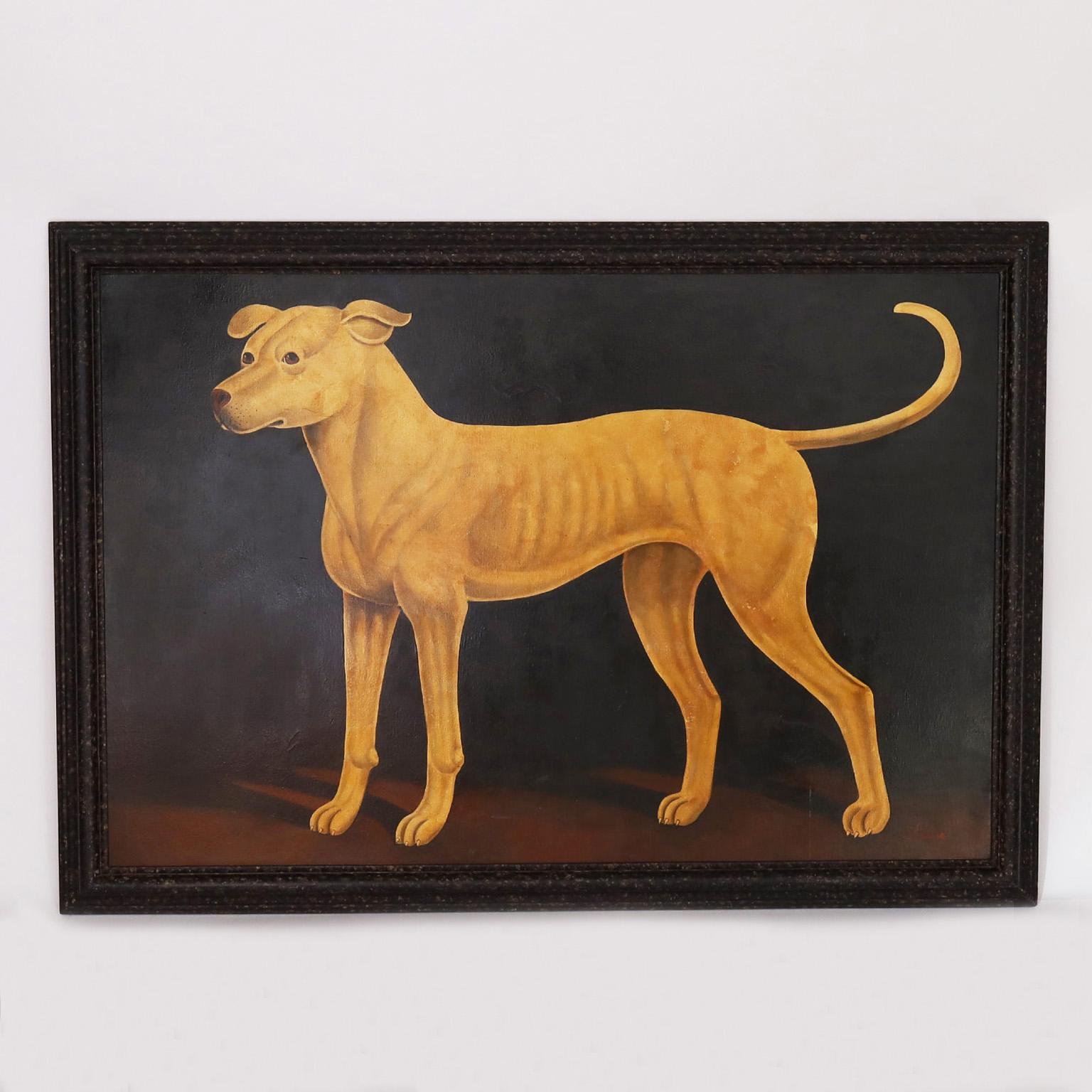 Mit dramatischer Schlichtheit zieht dieses große Ölgemälde auf Leinwand eines Hundes oder Pitbulls mit Sicherheit Ihre Aufmerksamkeit auf sich, ausgeführt in einem augenzwinkernden viktorianischen Salonmalerei-Stil mit künstlicher Alterung. Signiert