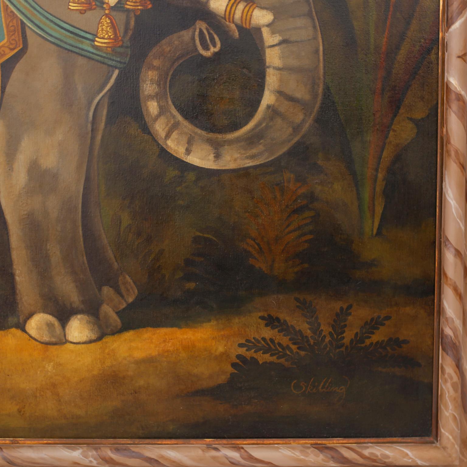 Oil painting on canvas depicting an elephant in full regalia in a jungle setting executed in a victorian parlor painting style with contrived aging. Presented in a painted wood frame and signed Skilling in the lower right.