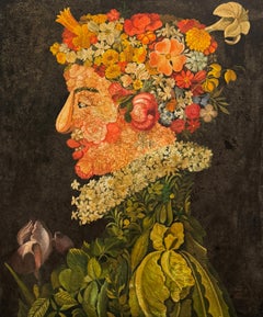 WILLIAM SKILLING Ritratto di uomo con fiori dopo Giuseppe Arcimboldo tela ad olio