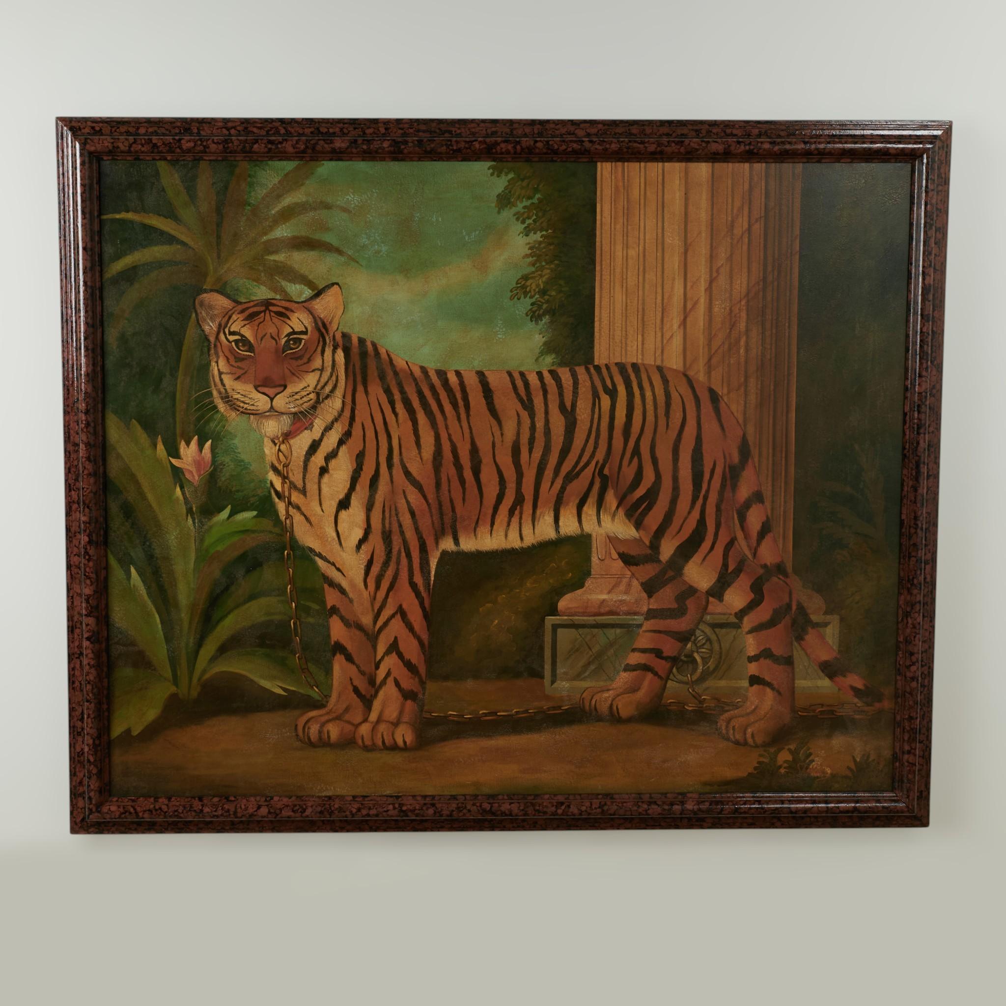Impressive oil painting on canvas of a pet tiger in a tropical garden setting, executed in a tongue in cheek Victorian parlor painting style with an alluring mix of classical and naivety. Signed Skilling in the lower right and presented in the