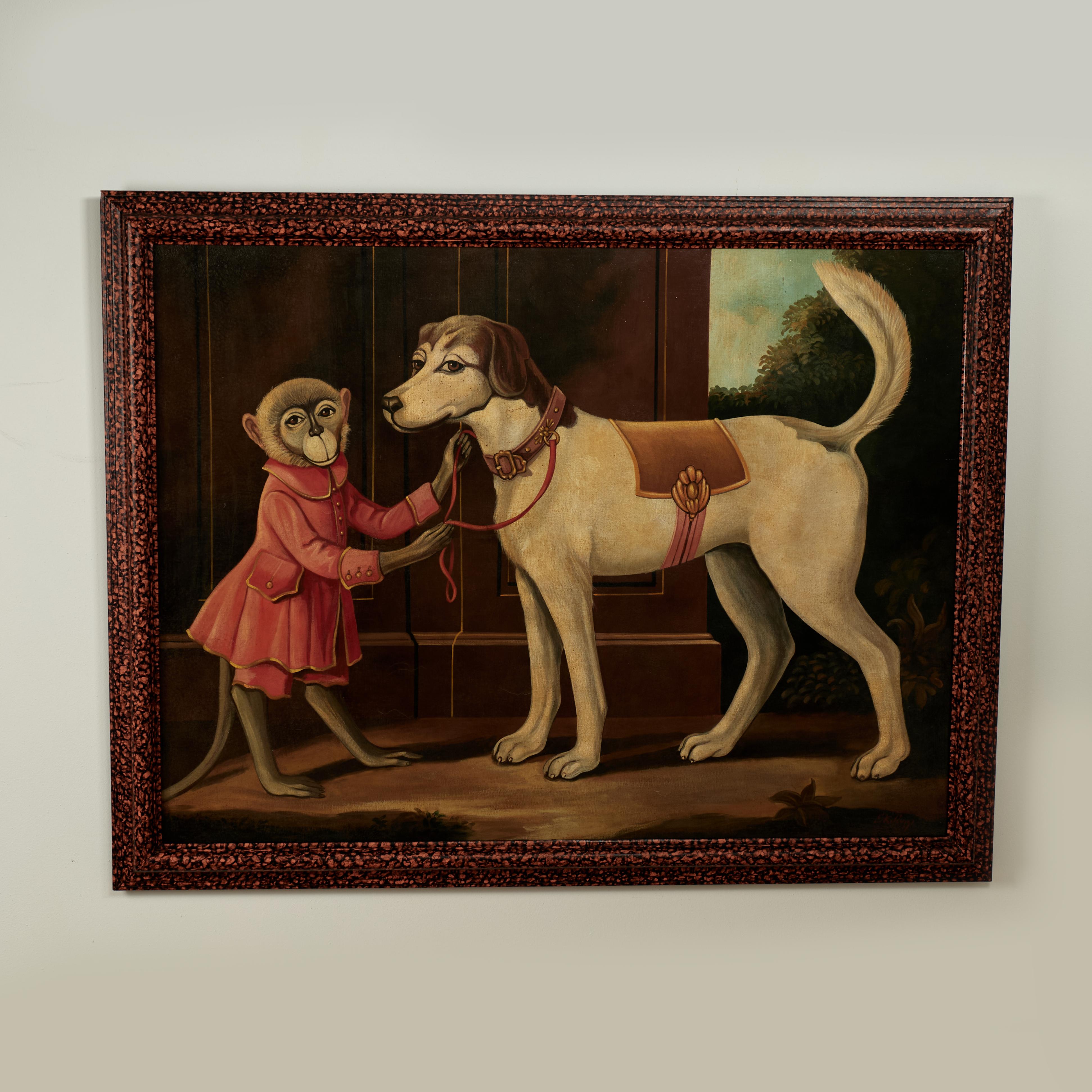 Vintage Victorian Style Painting of a Monkey and Dog by Skilling