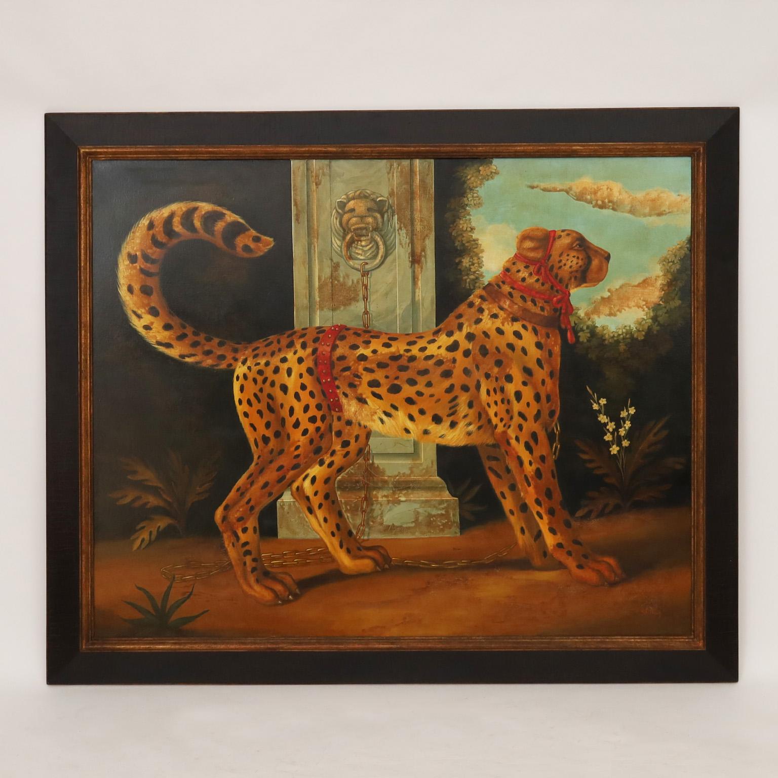 Bold vintage oil painting on canvas of a pet cheetah in a classical setting executed in a tongue in cheek Victorian parlor painting style with contrived aging. Signed Skilling in the lower right and presented in the original wood frame.
