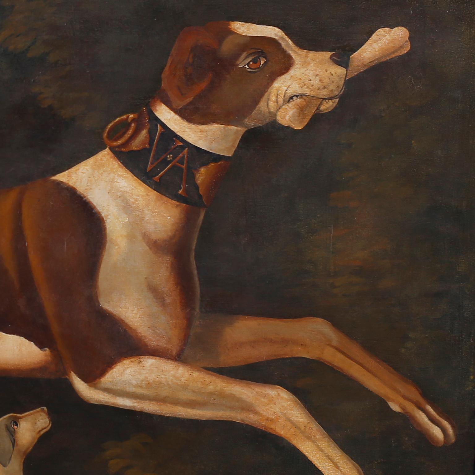 Oil painting on canvas of two playful dogs in mid frolic and executed in a tongue in cheek Victorian parlor painting style with contrived aging, distressed finish, and a faux tortoise frame. Signed Skilling in the lower right.