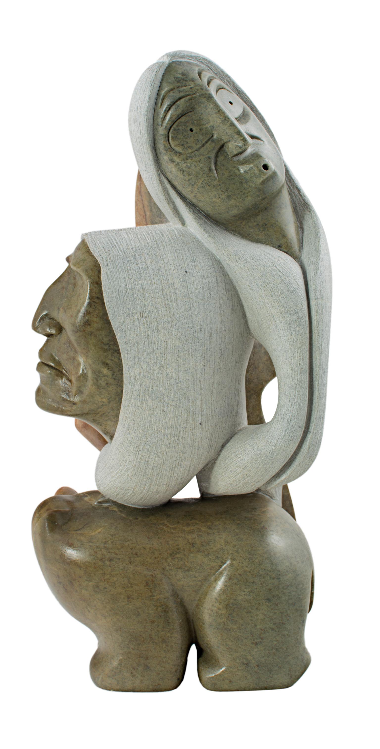 "Eagle, Chief, Bear, Wind," is an original sculpture in green Brazilian soapstone by William Skye, signed and dated on the bottom of the piece. This sculpture twists and turns, inviting the viewer to move around it and examine it from all sides. At