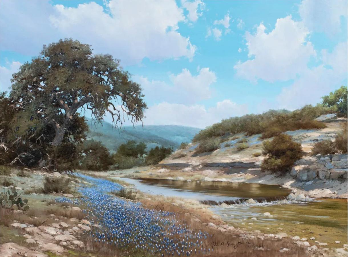 «BANKS OF BLUE »  TEXAS HILL COUNTRY BLUEBONNETS RIVER 40X50 FRAMÉ - Painting de William Slaughter