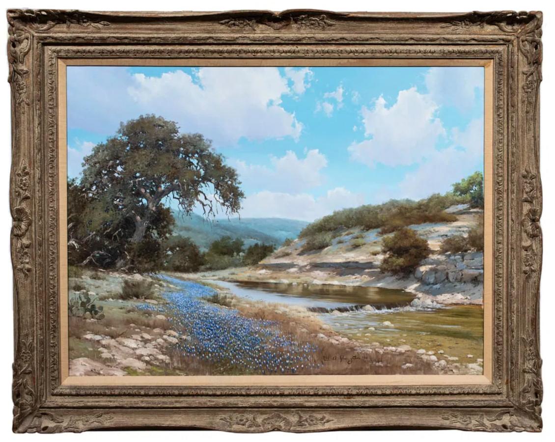 «BANKS OF BLUE »  TEXAS HILL COUNTRY BLUEBONNETS RIVER 40X50 FRAMÉ - Marron Landscape Painting par William Slaughter