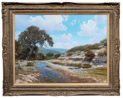 "BANKS OF BLUE"  TEXAS HILL COUNTRY BLUEBONNETS RIVER 40X50 FRAMED