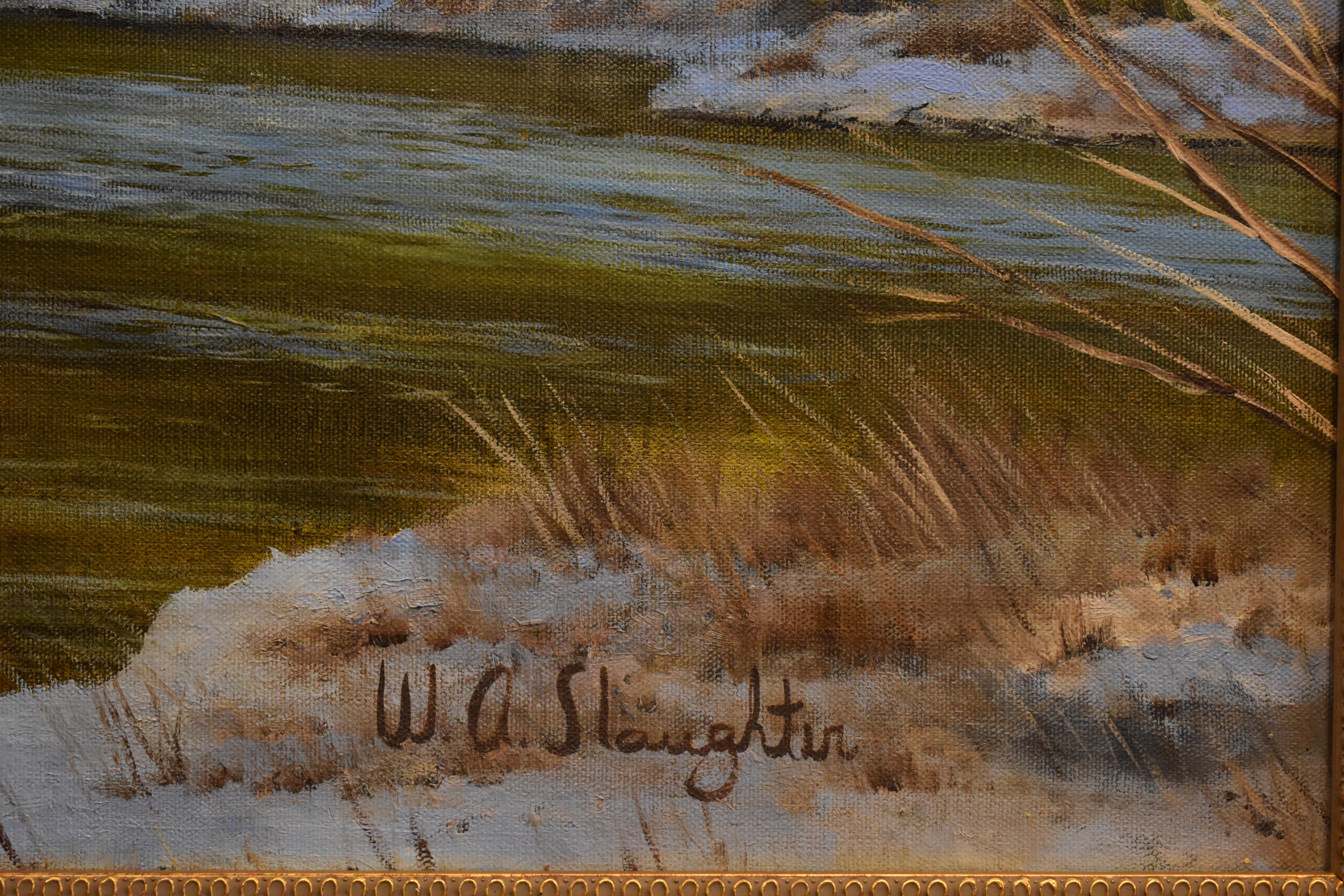 „BEND IN THE CREEK“  TEXAS HILL COUNTRY KALKSTEIN BLUFFS FLUSS 33 X 45 GERAHMT – Painting von William Slaughter