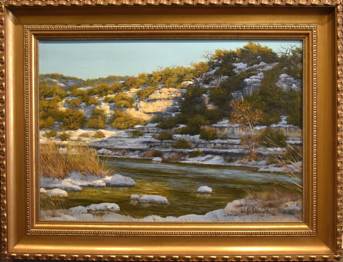 "BEND IN THE CREEK"  TEXAS HILL COUNTRY LIMESTONE BLUFFS RIVER 33 X 45 FRAMED
