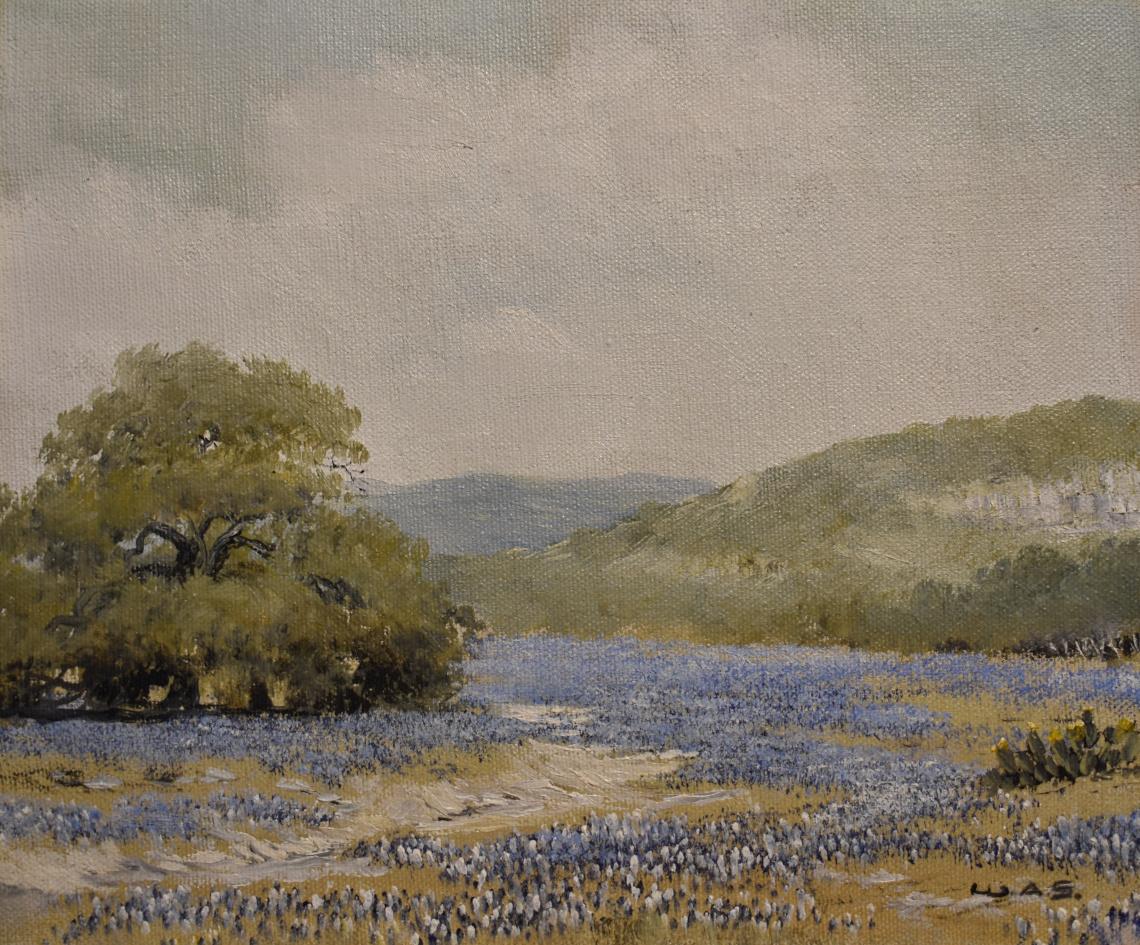 William Slaughter Landscape Painting - "BLUEBONNETS" TEXAS HILL COUNTRY WILDFLOWERS W.A. SLAUGHTER (1923-2003)