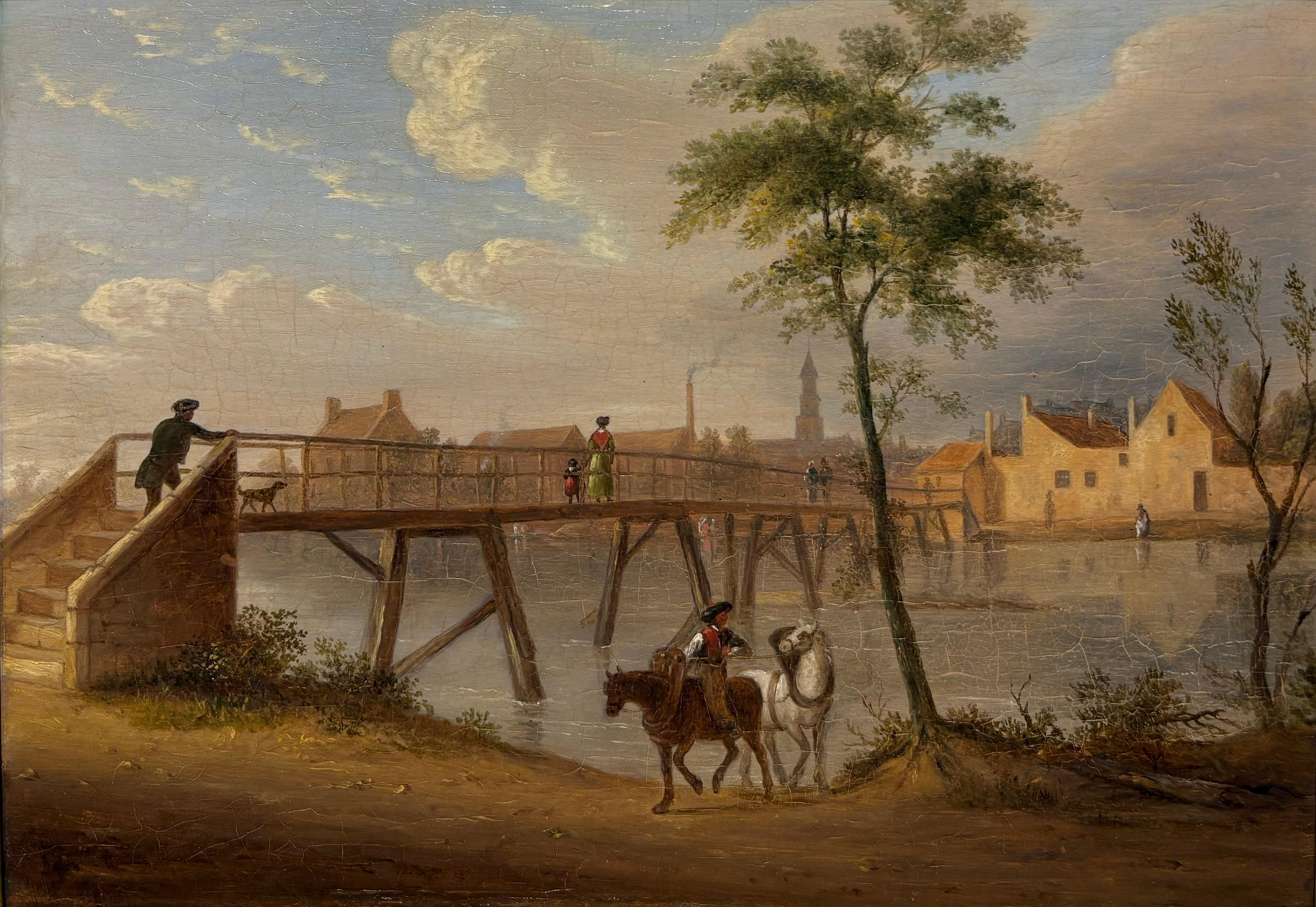 William Smeall Figurative Painting - The Village Bridge, 19th Century Scottish, River, Town, Genre Painting