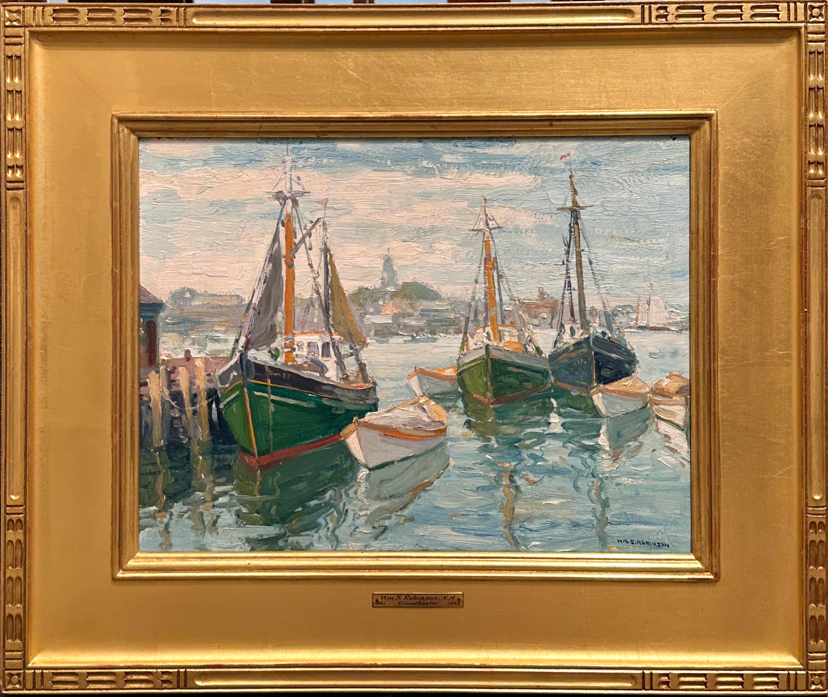 Escena del puerto de Gloucester Barcos de vela Pintor impresionista William Smith Robinson - Painting de William Smith Robinson (1861 - 1945)