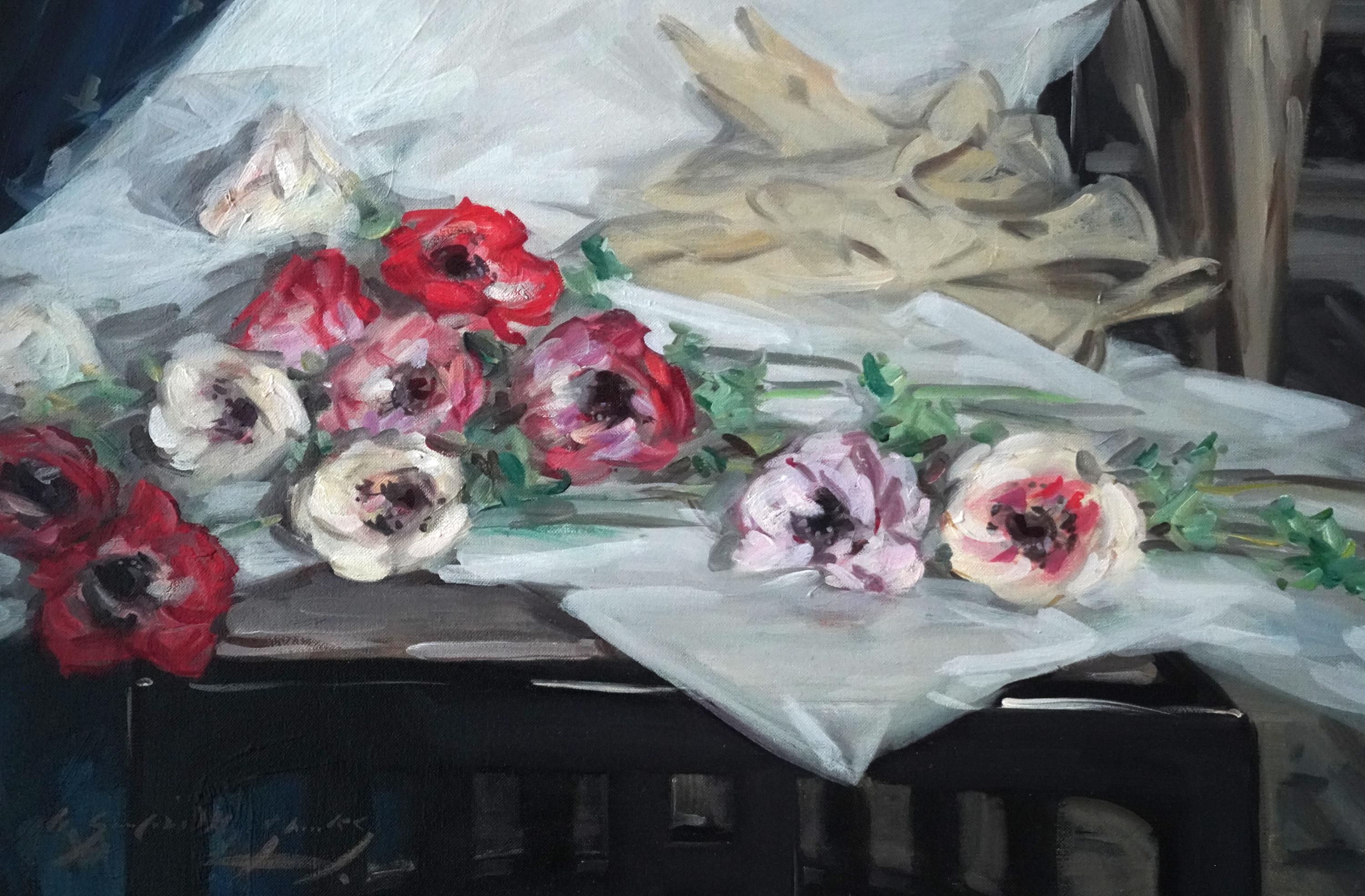 Anémonas - Óleo floral de arte impresionista escocés de los años treinta en venta 9