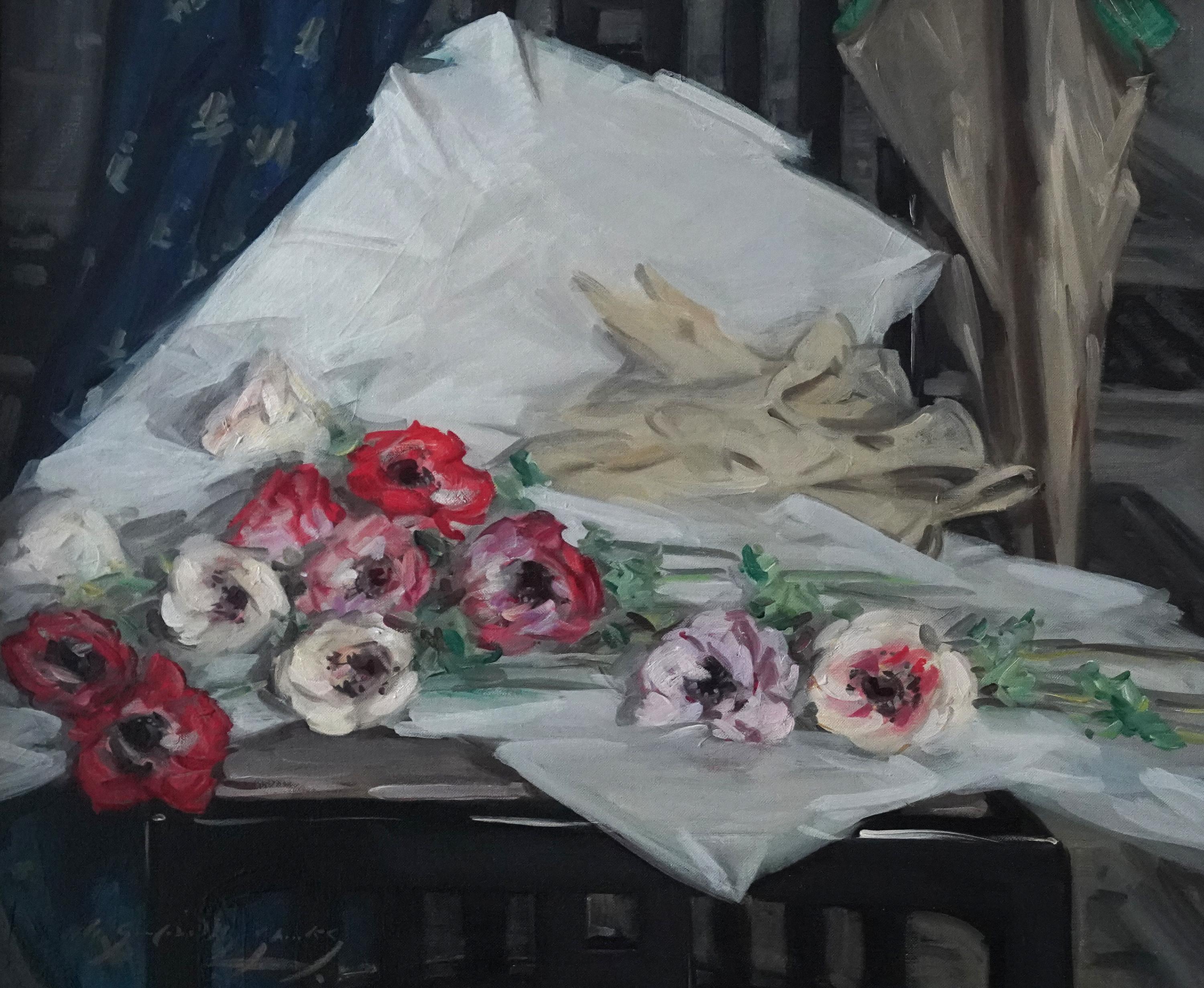 Anémonas - Óleo floral de arte impresionista escocés de los años treinta en venta 11