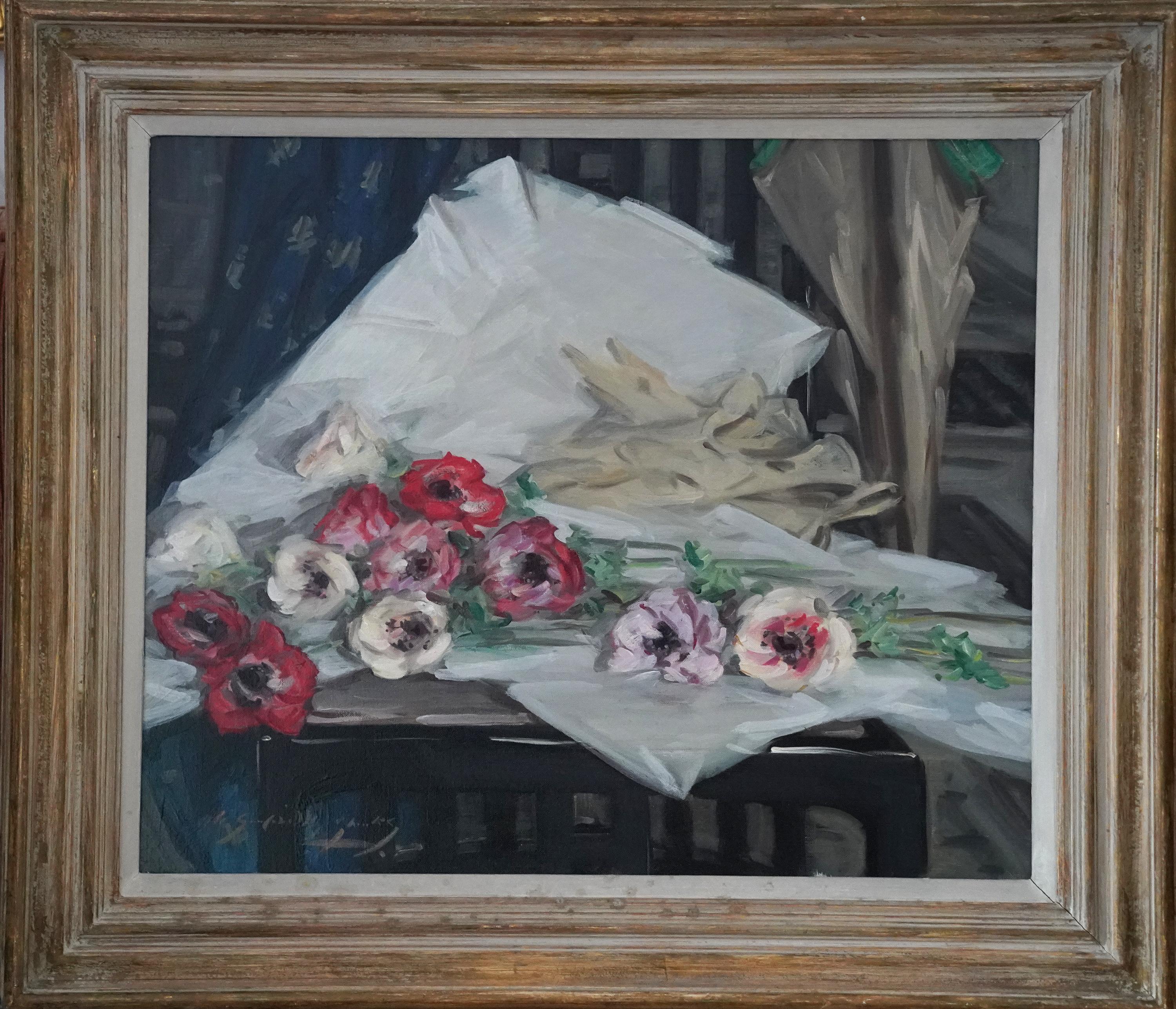 Anémonas - Óleo floral de arte impresionista escocés de los años treinta en venta 12